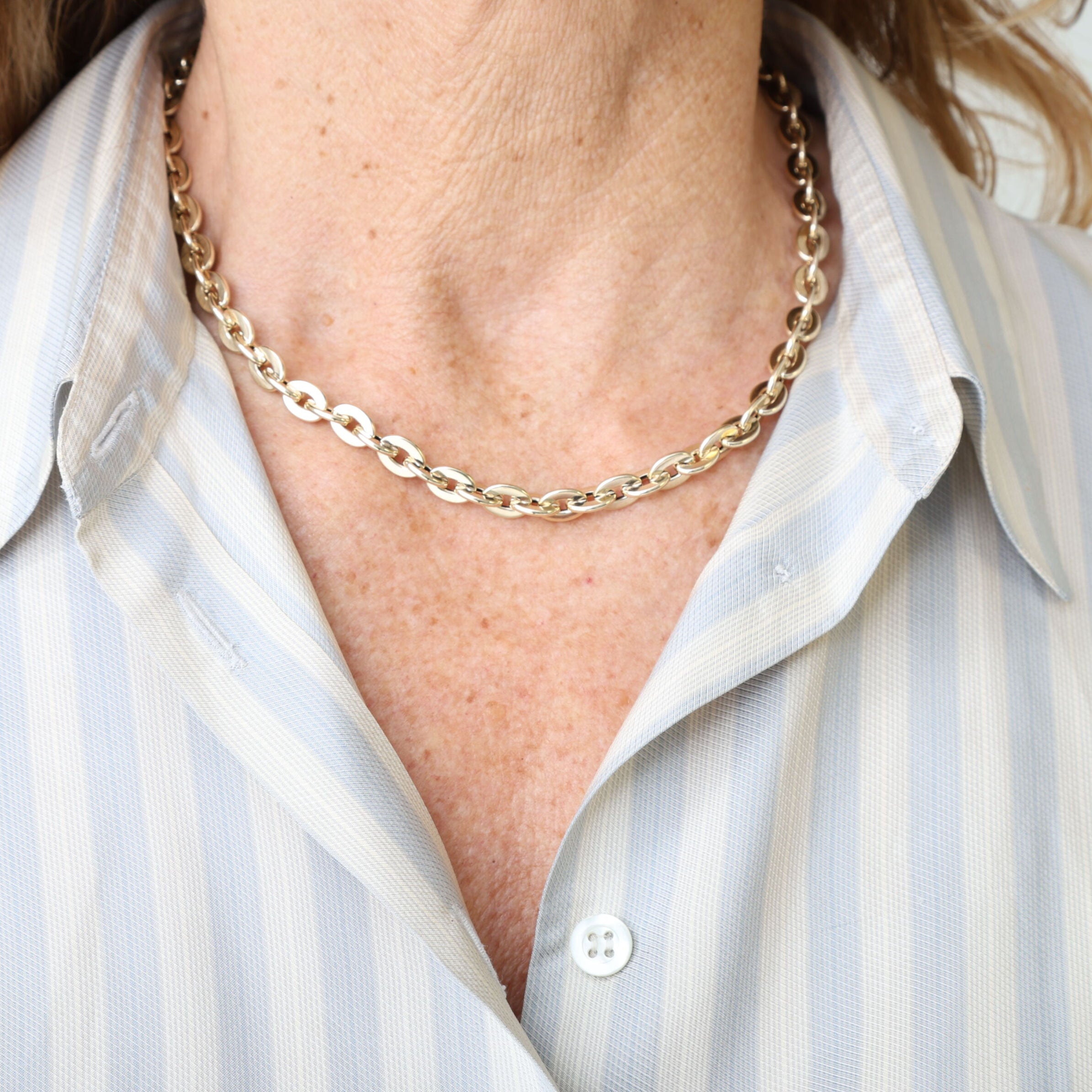 14K Gold Flat Oval Rolo Link Necklace