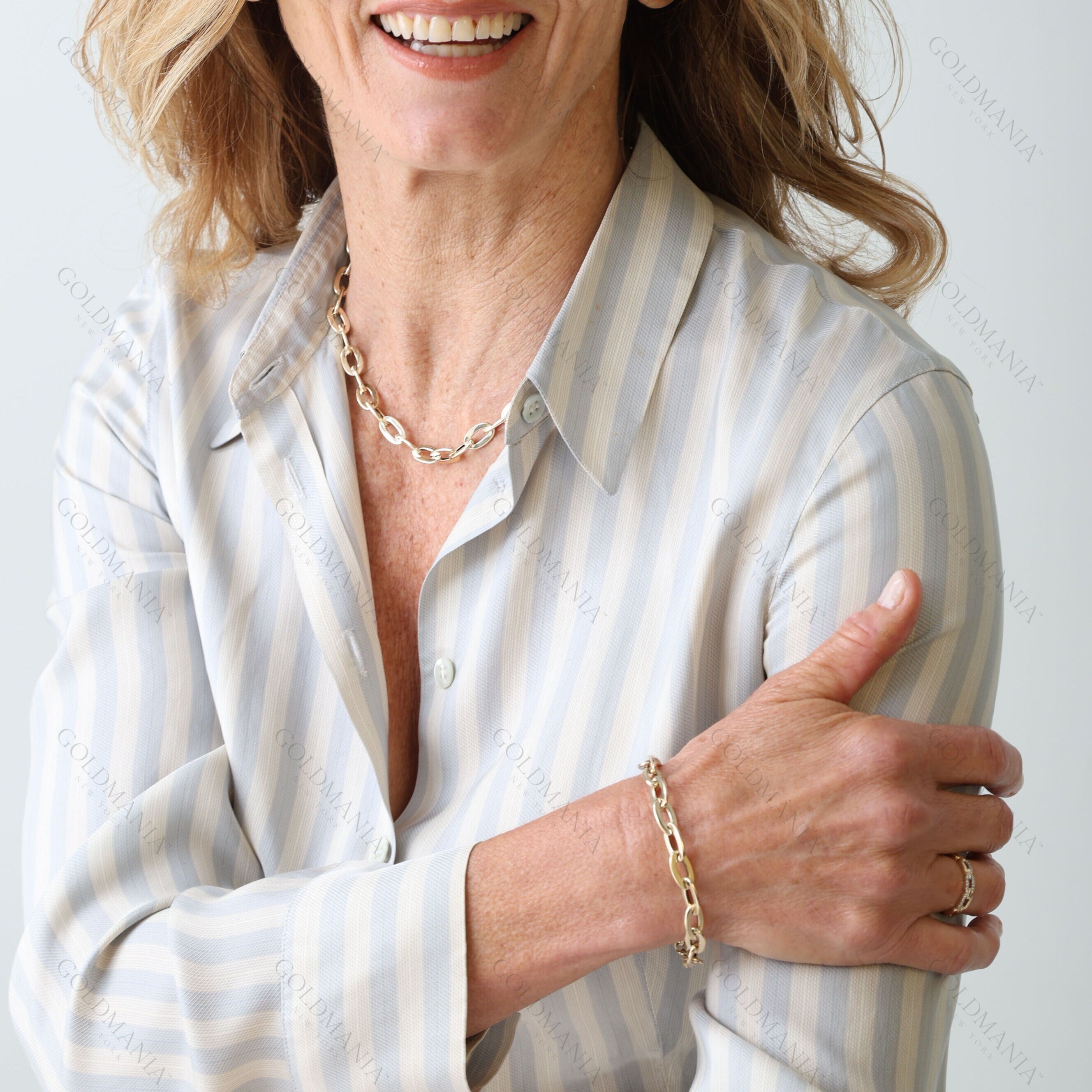 14K Yellow Gold Elongated Flat Oval Rolo Link Bracelet – Bold Statement Chain with Lobster Clasp