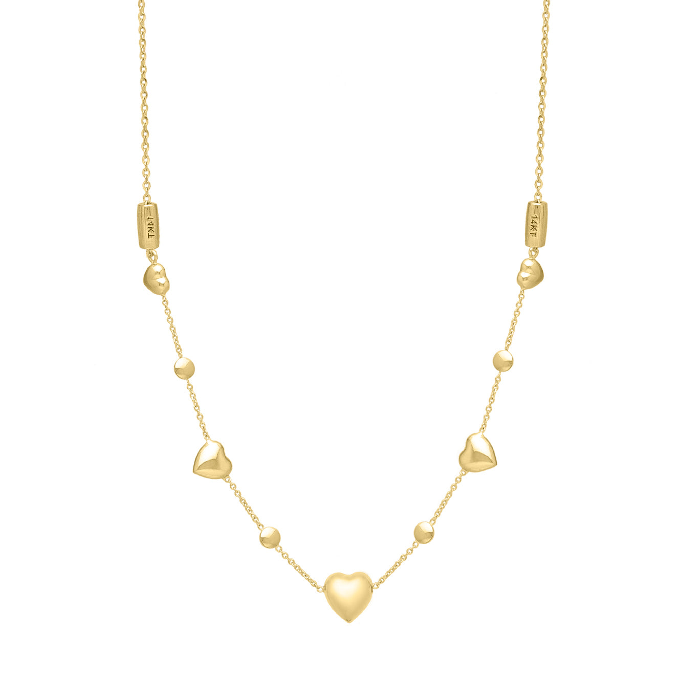 14K Gold Adjustable Puffy Heart And Bead Necklace