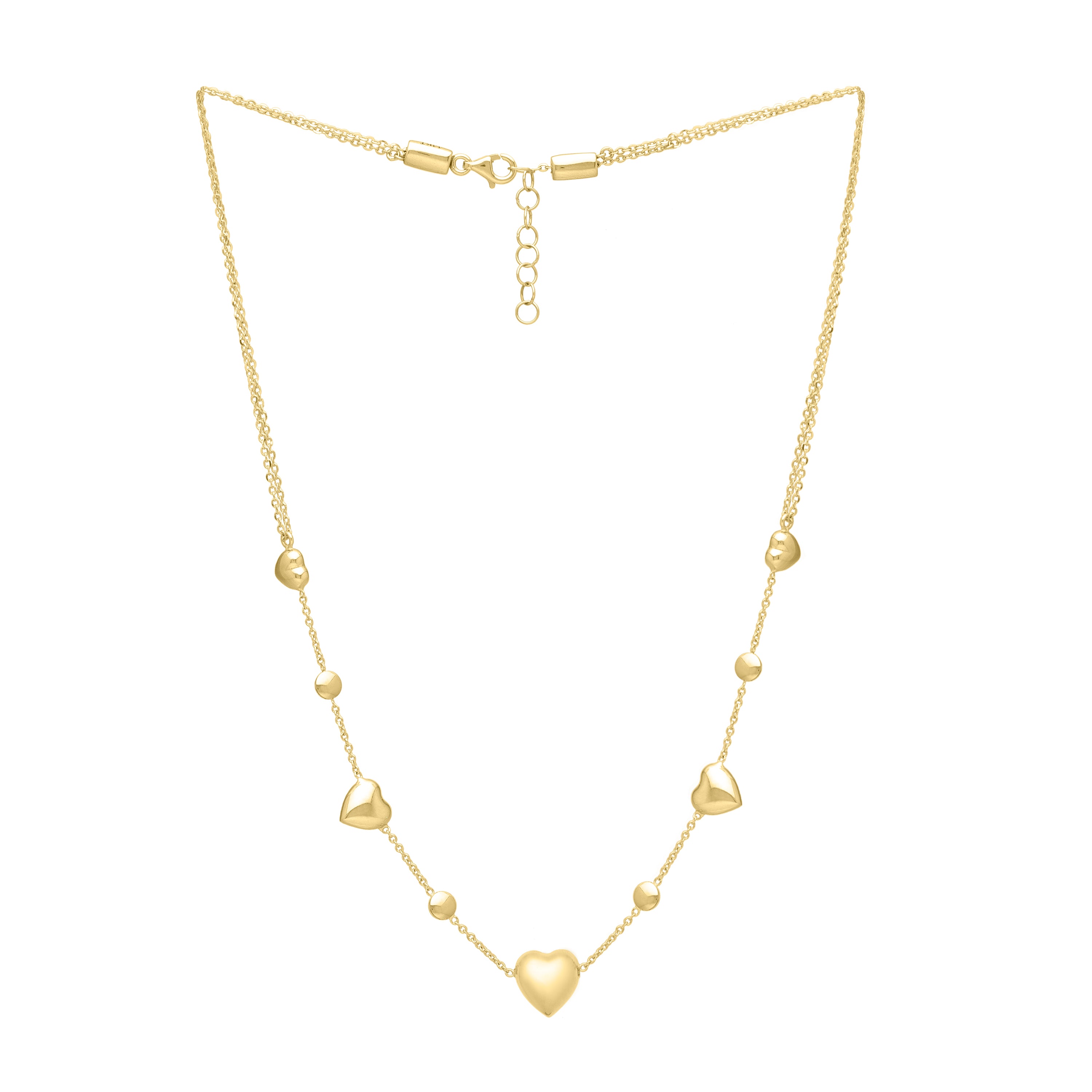 14K Gold Adjustable Puffy Heart And Bead Necklace