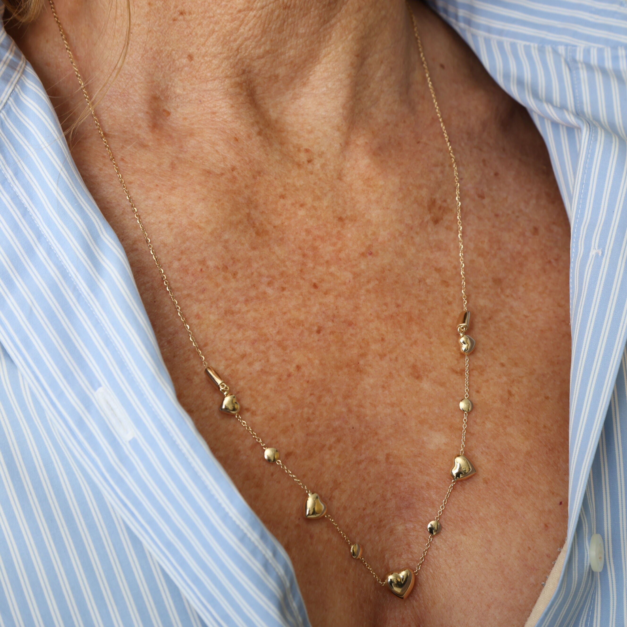 14K Gold Adjustable Puffy Heart And Bead Necklace