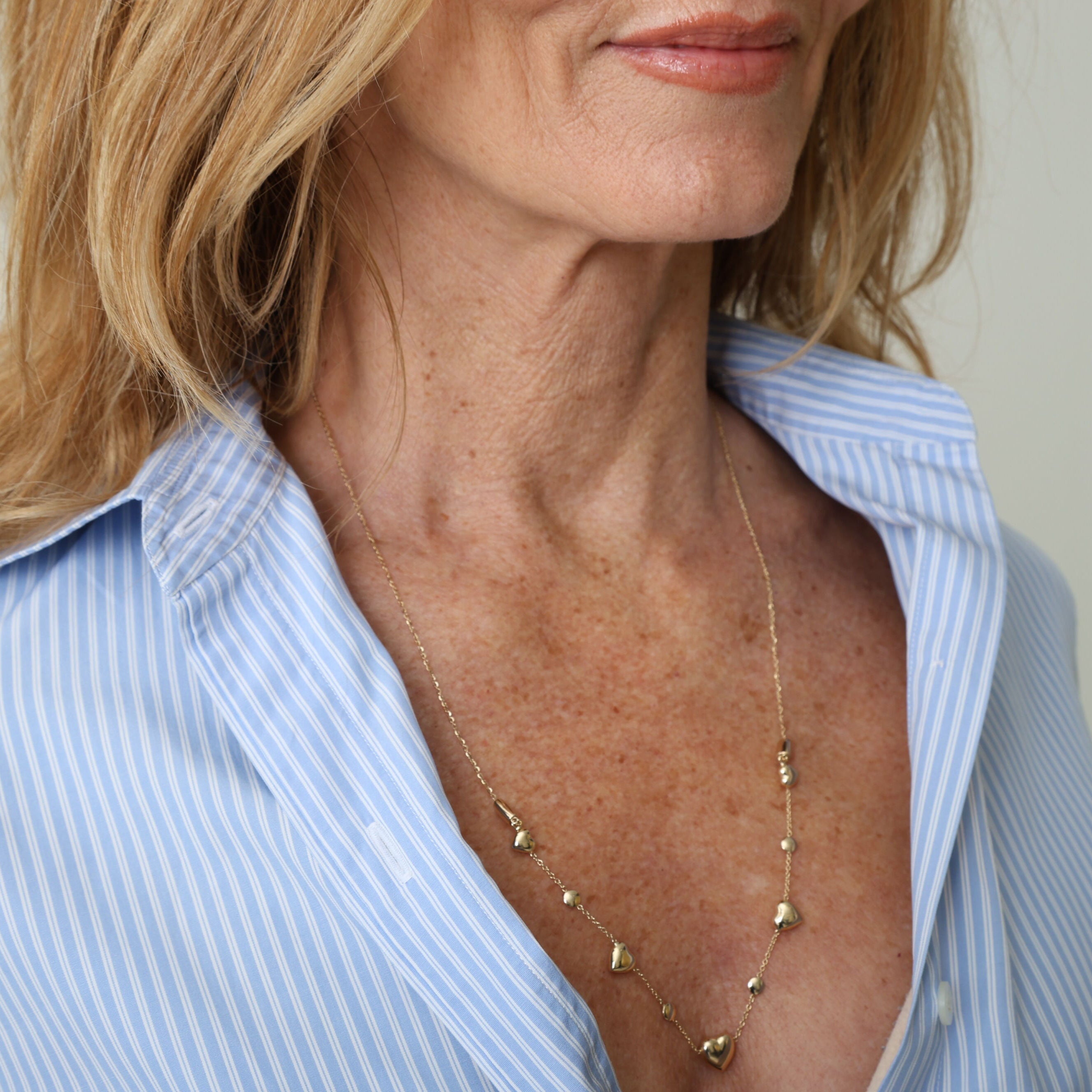 14K Gold Adjustable Puffy Heart And Bead Necklace