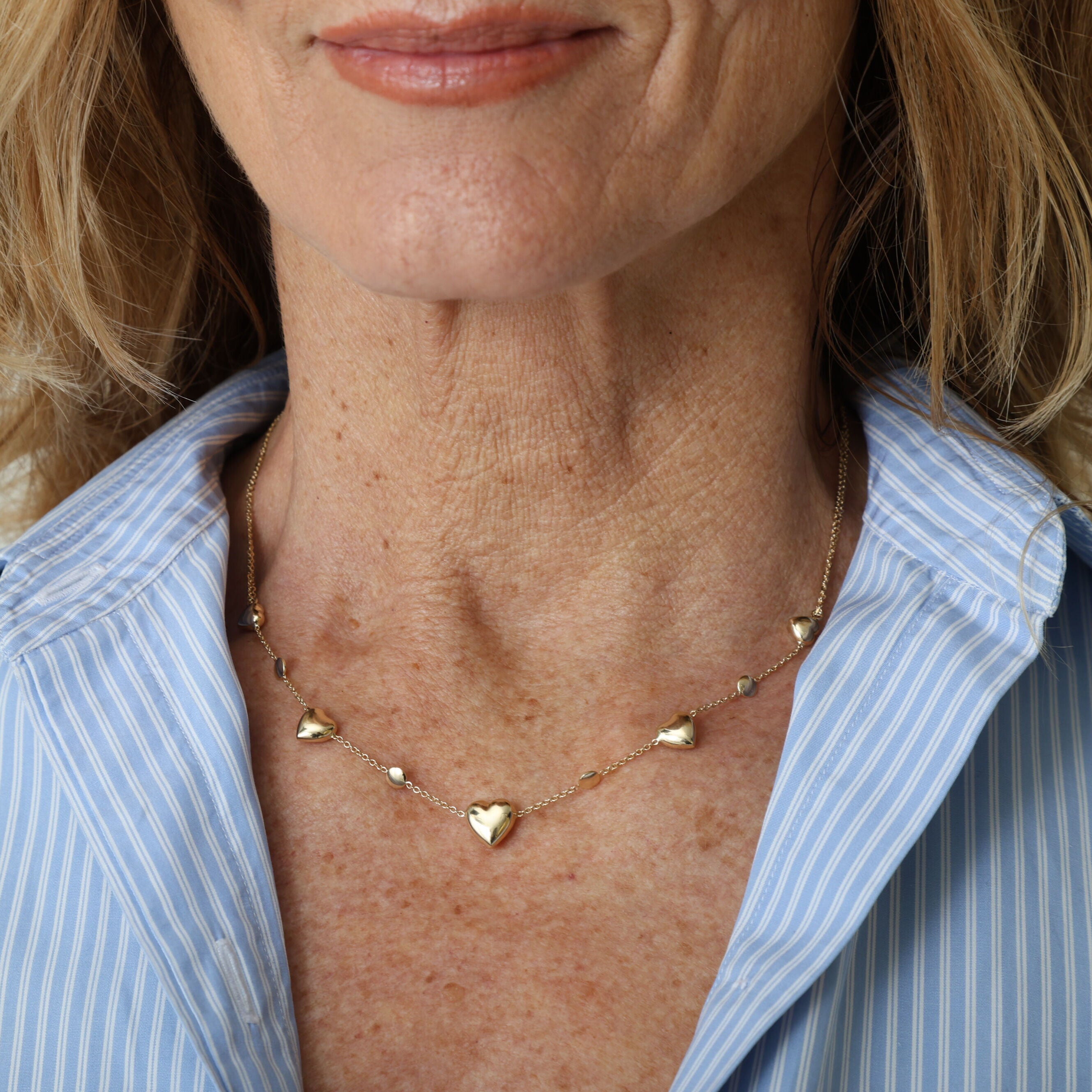 14K Gold Adjustable Puffy Heart And Bead Necklace