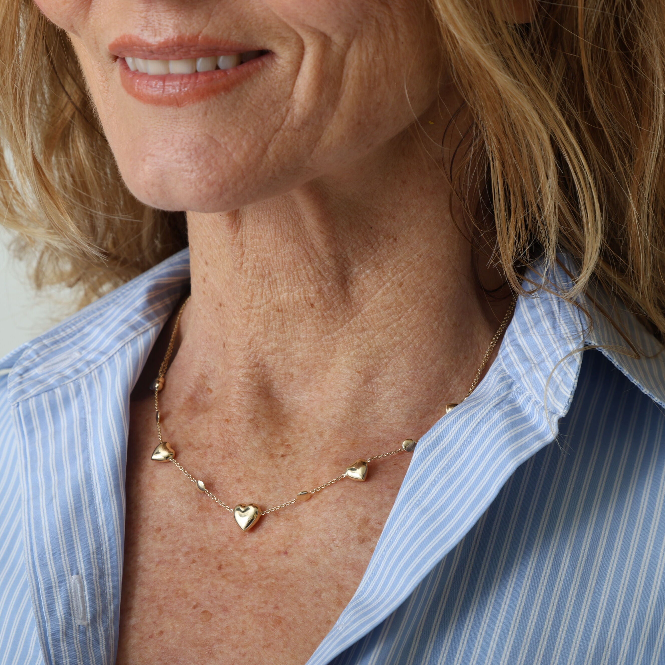 14K Gold Adjustable Puffy Heart And Bead Necklace