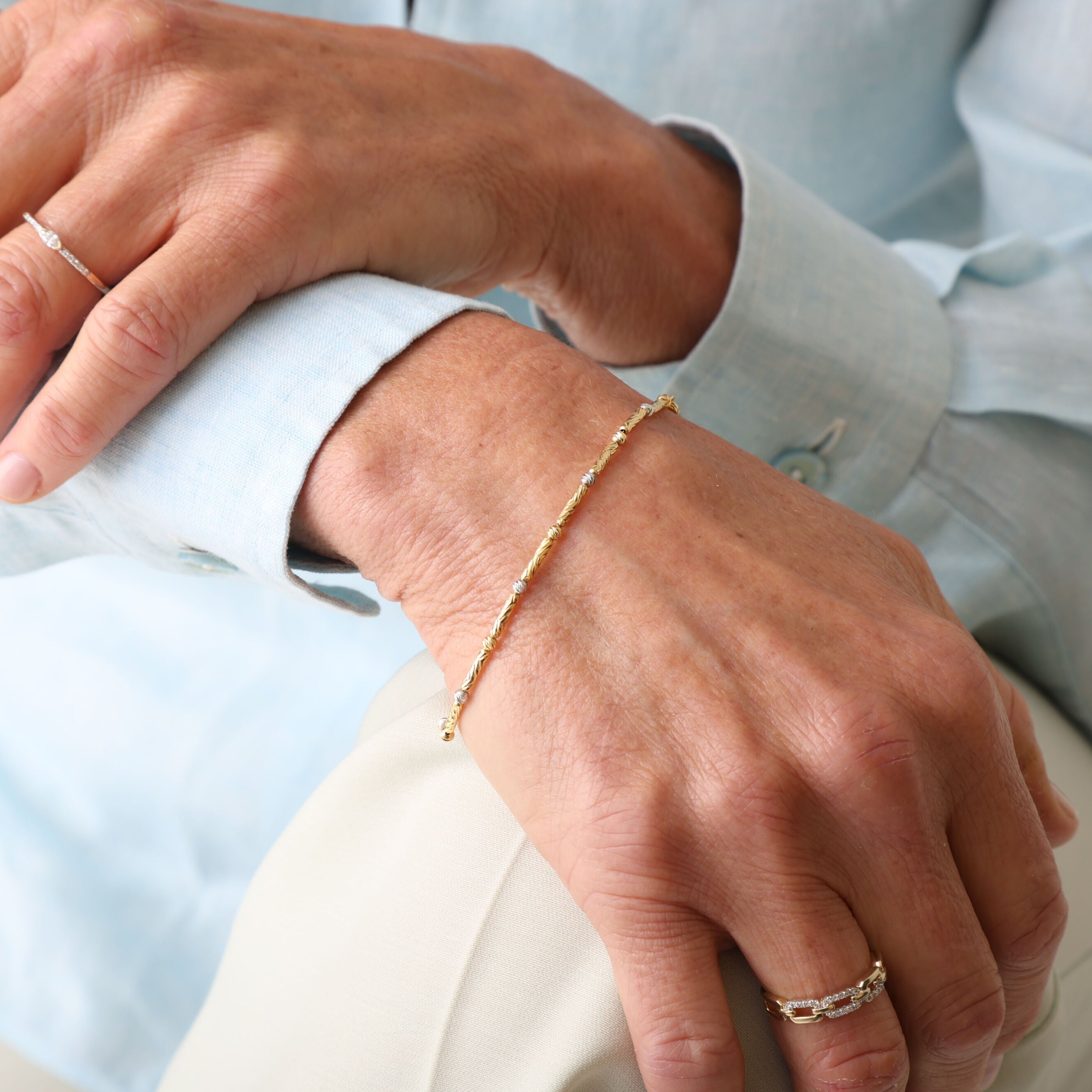 14K Two-Tone Gold Textured Bar and Bead Chain Necklace