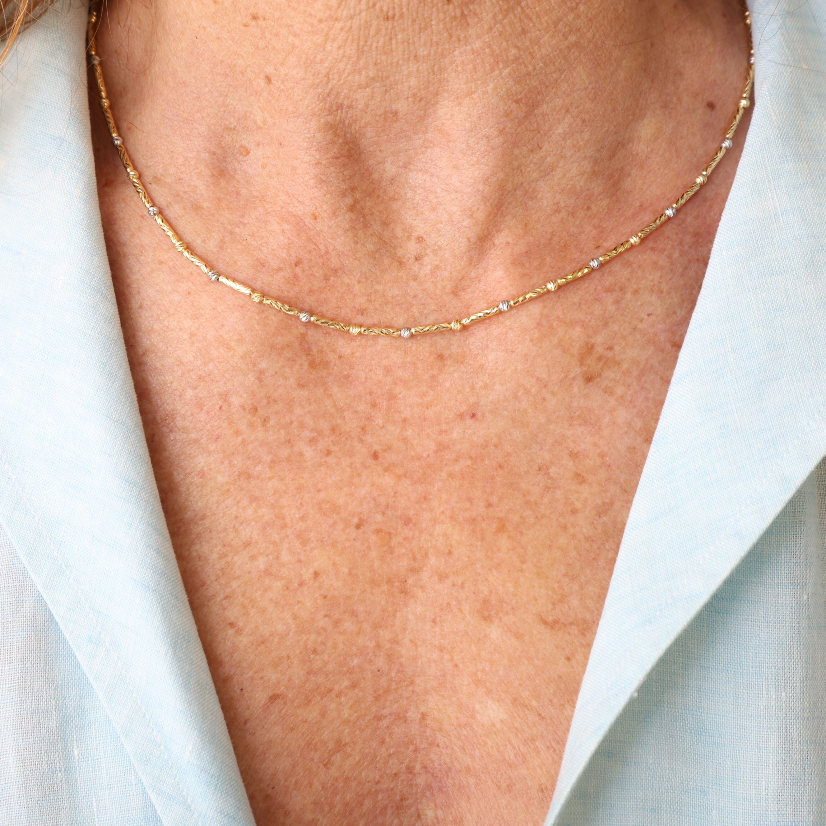 14K Two-Tone Gold Textured Bar and Bead Chain Necklace