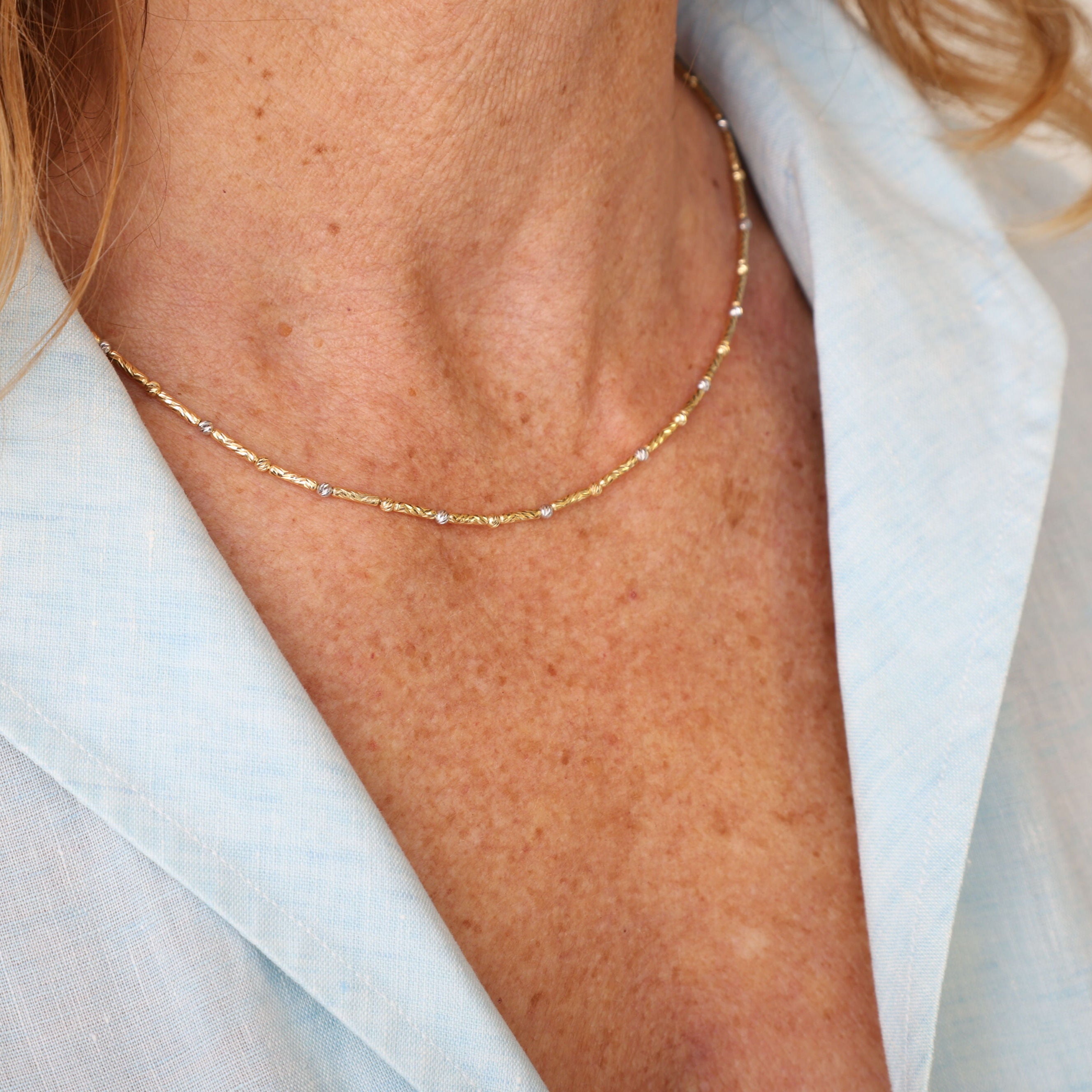 14K Two-Tone Gold Textured Bar and Bead Chain Necklace