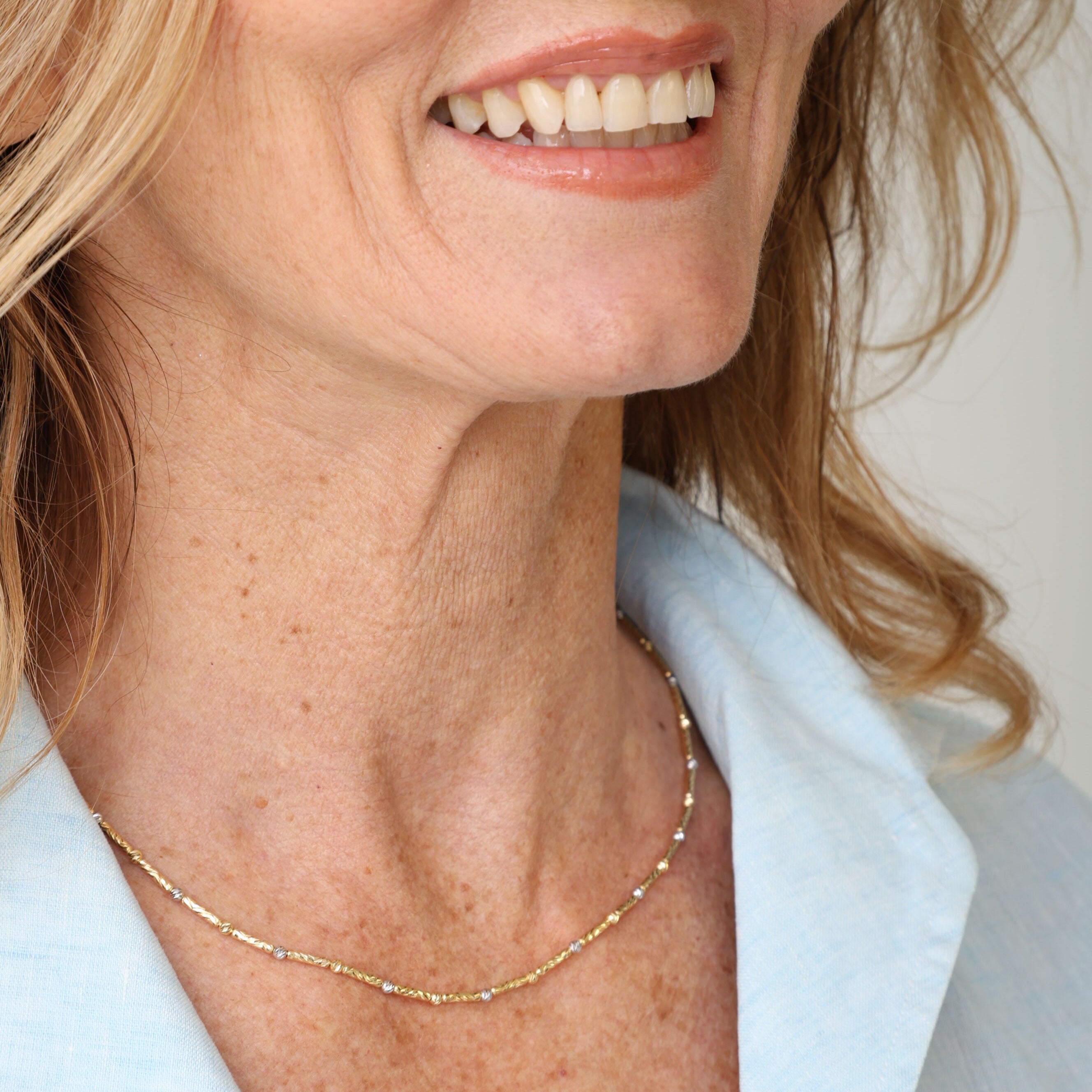 14K Two-Tone Gold Textured Bar and Bead Chain Necklace