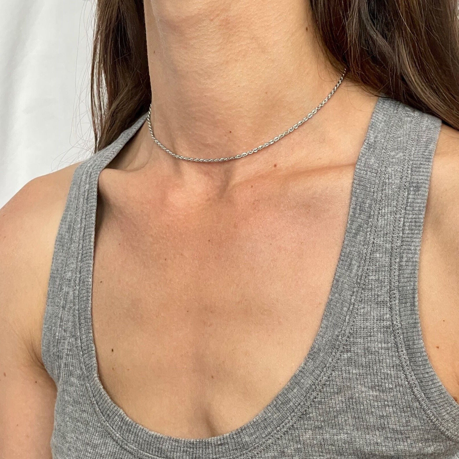 14K White Gold Diamond Cut Rope Choker Necklace 14"
