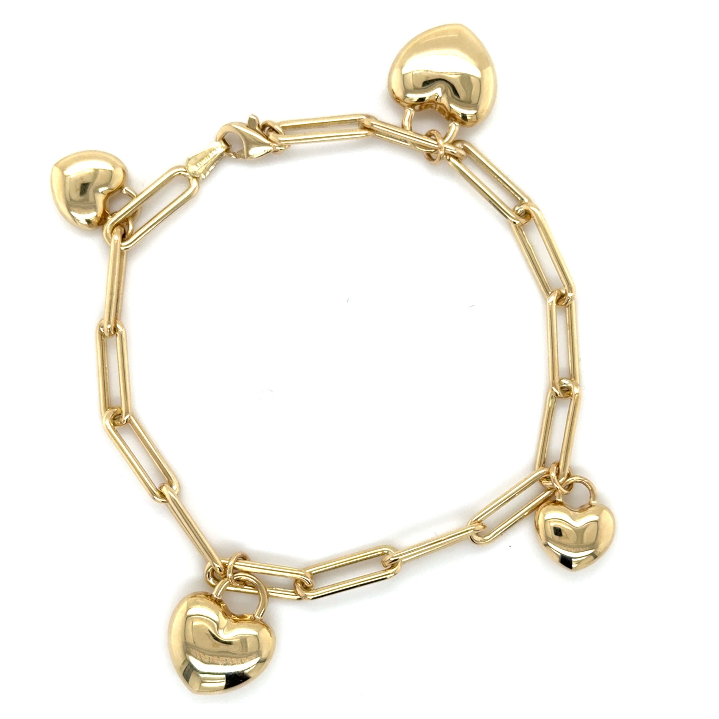 14K Gold Puffed Heart Paperclip Charm Bracelet