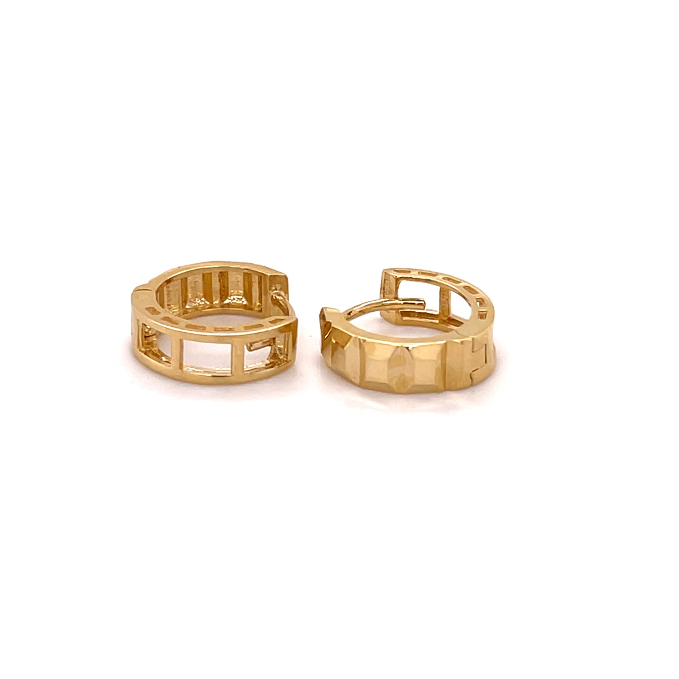 14K Gold Geometric Faceted Huggie Earrings, Small Hinged Hoops, Real Yellow White Gold