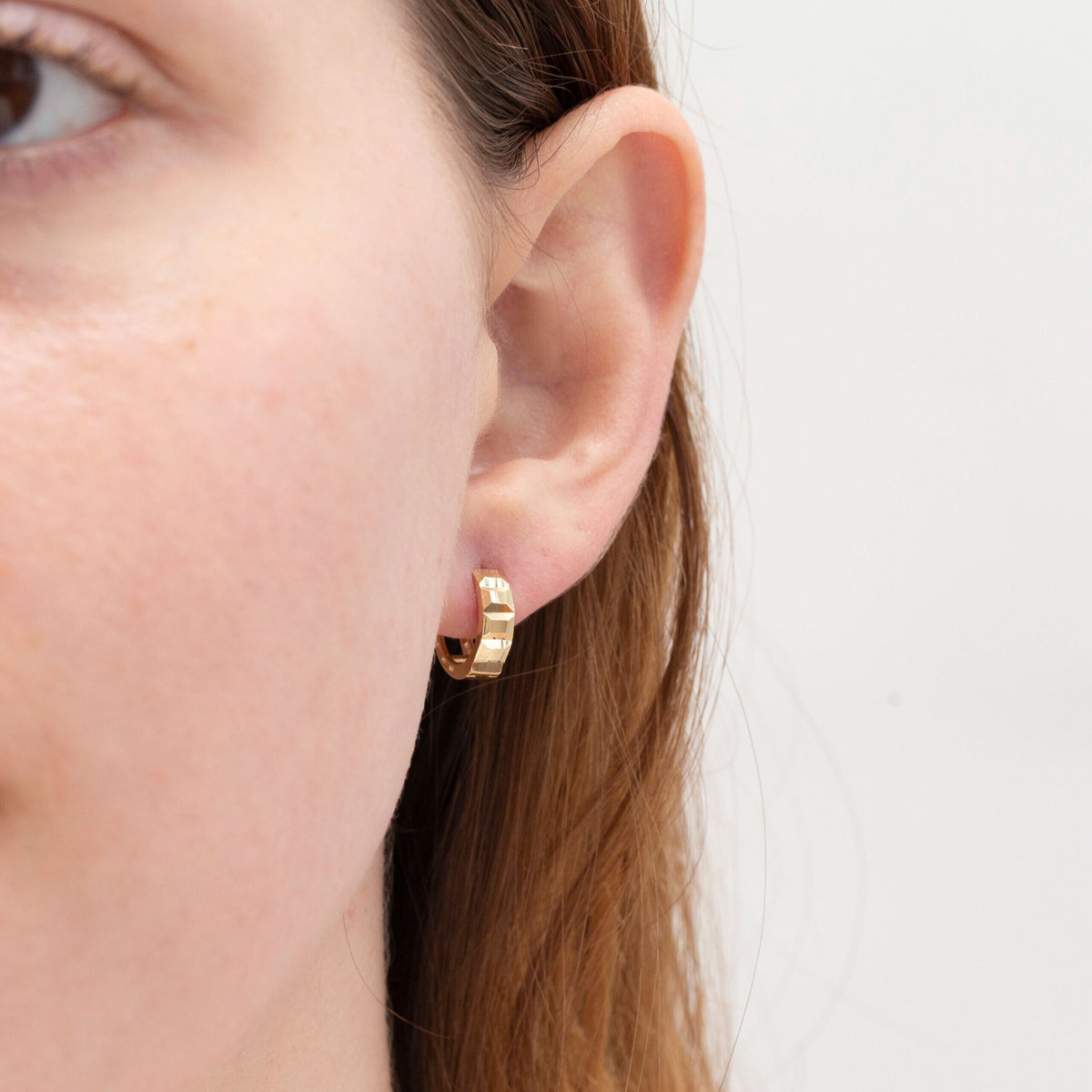 14K Gold Geometric Faceted Huggie Earrings, Small Hinged Hoops, Real Yellow White Gold