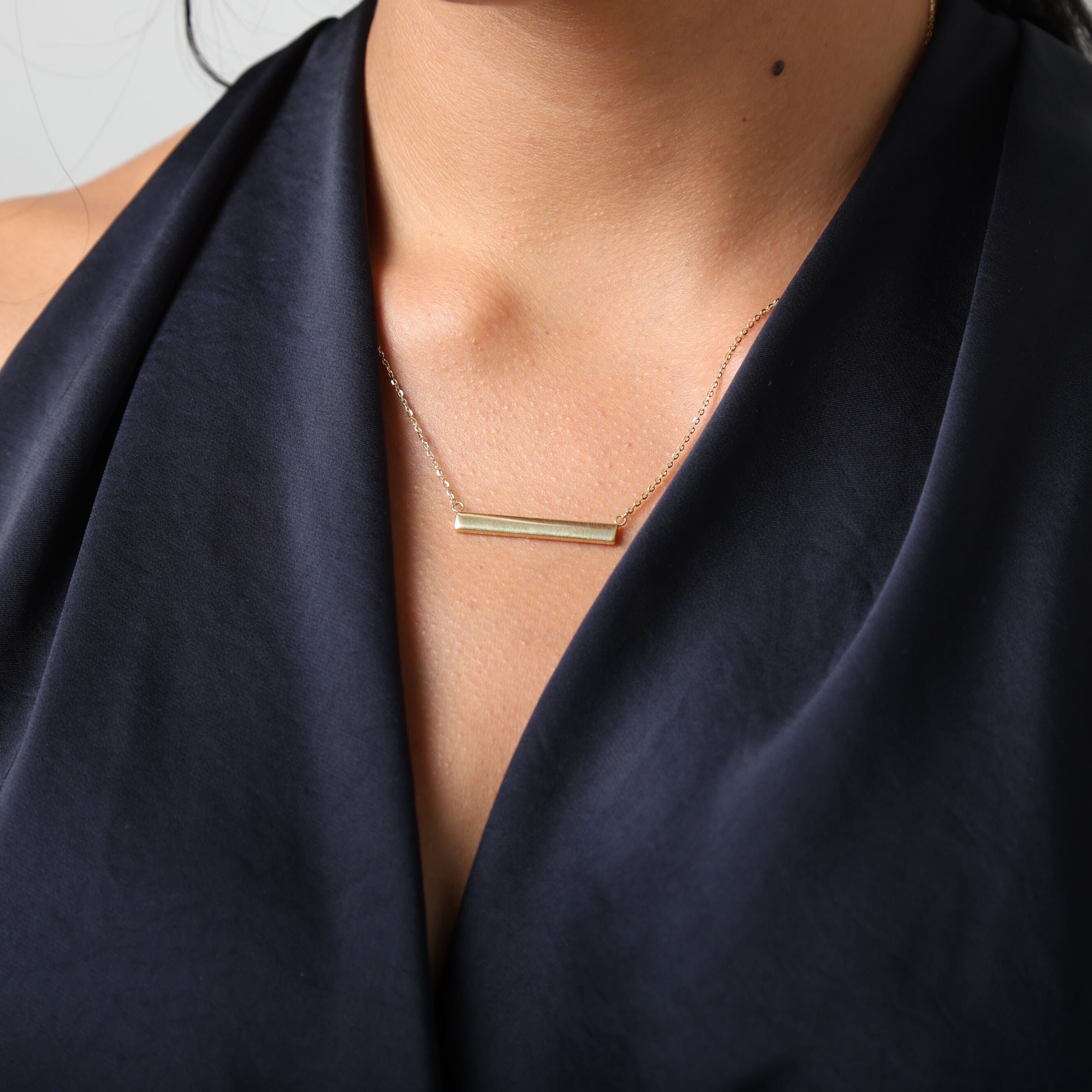 14K Gold Dainty Engravable Bar Necklace