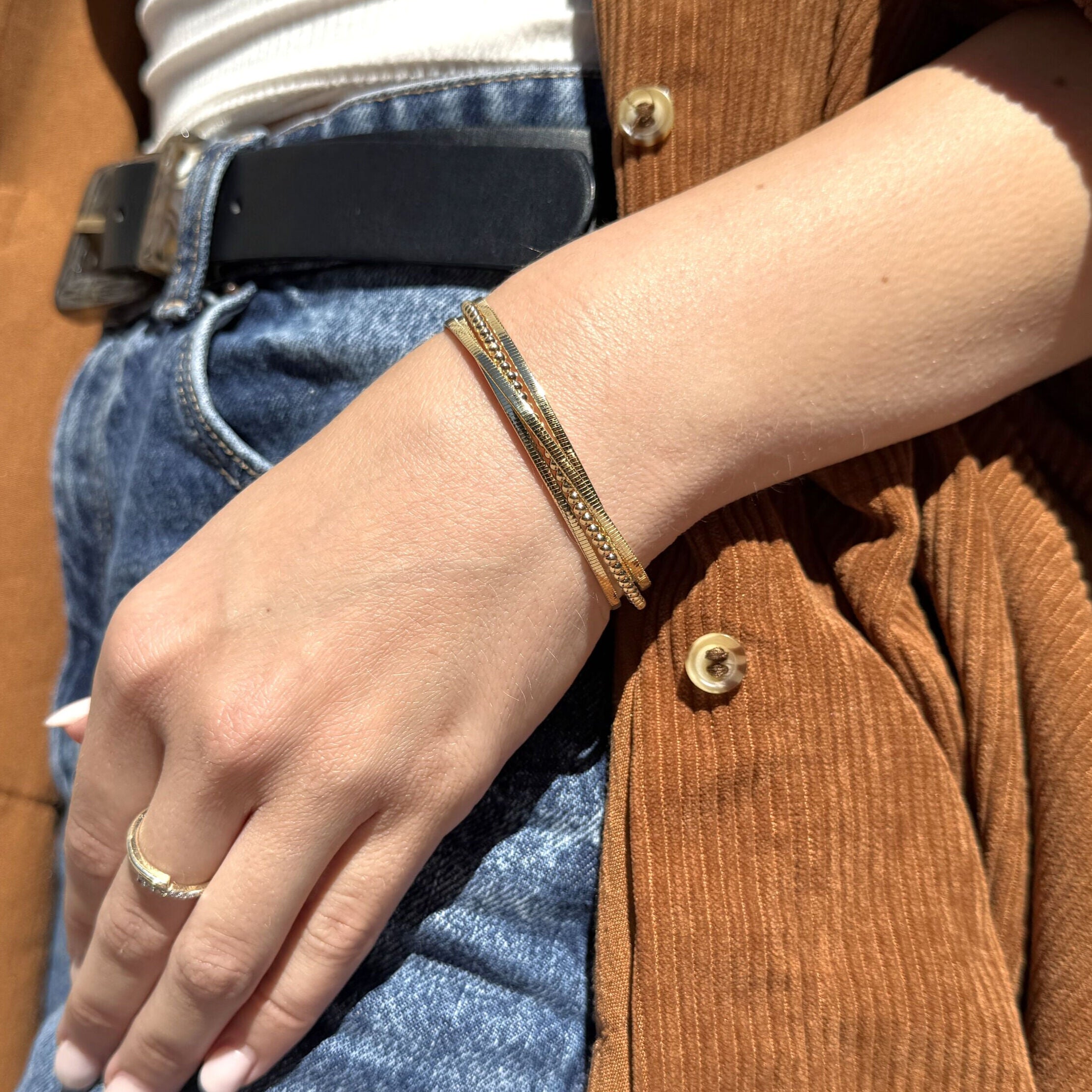 14K Gold Crossover Omega and Beaded Bangle Bracelet – Bold, Layered and Slip-On Comfort