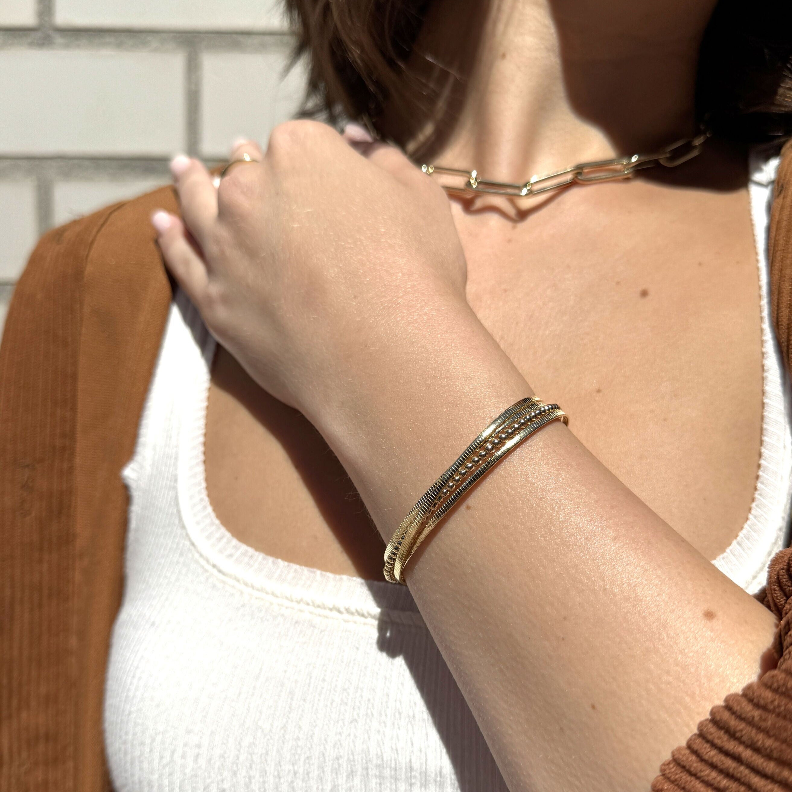 14K Gold Crossover Omega and Beaded Bangle Bracelet – Bold, Layered and Slip-On Comfort