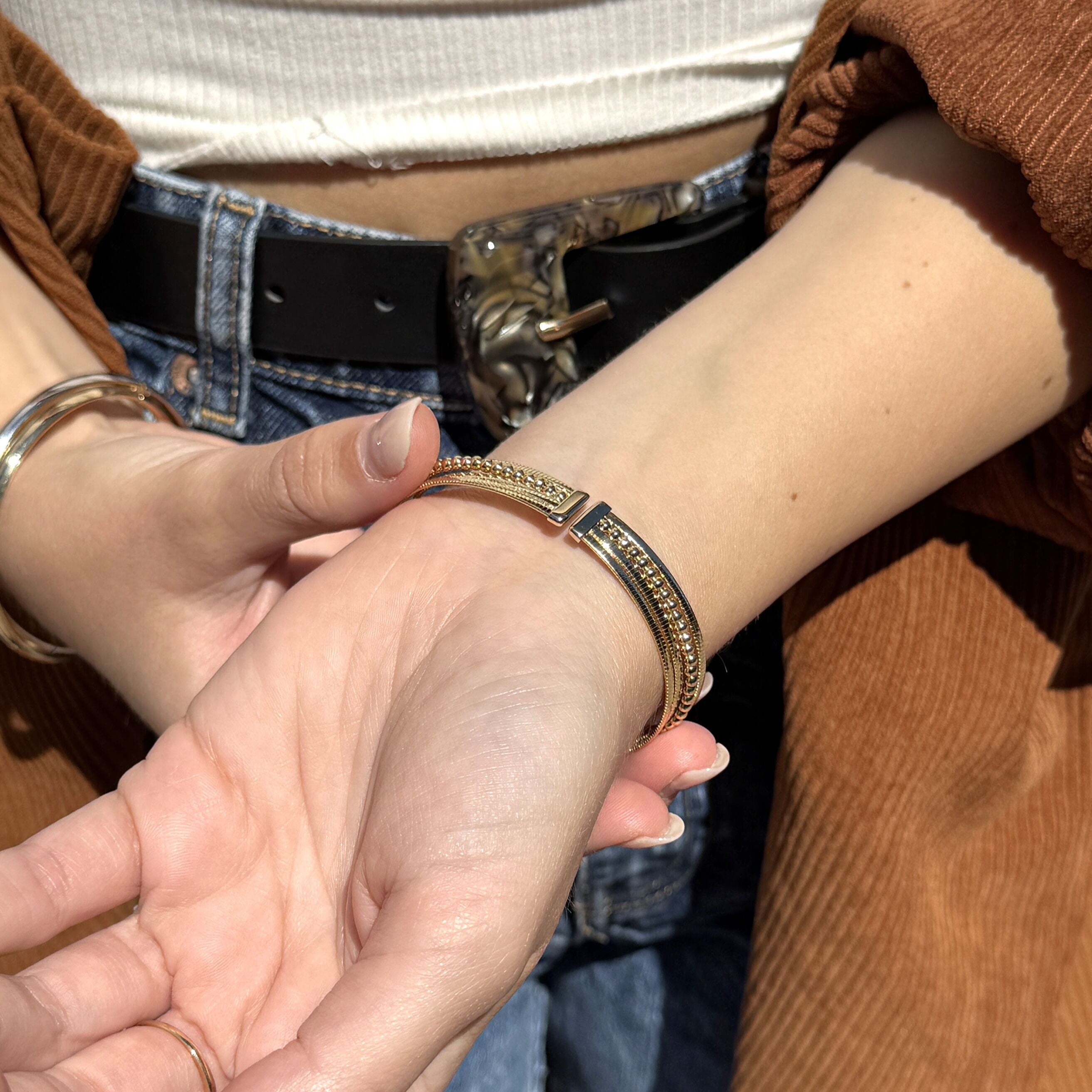 14K Gold Crossover Omega and Beaded Bangle Bracelet – Bold, Layered and Slip-On Comfort