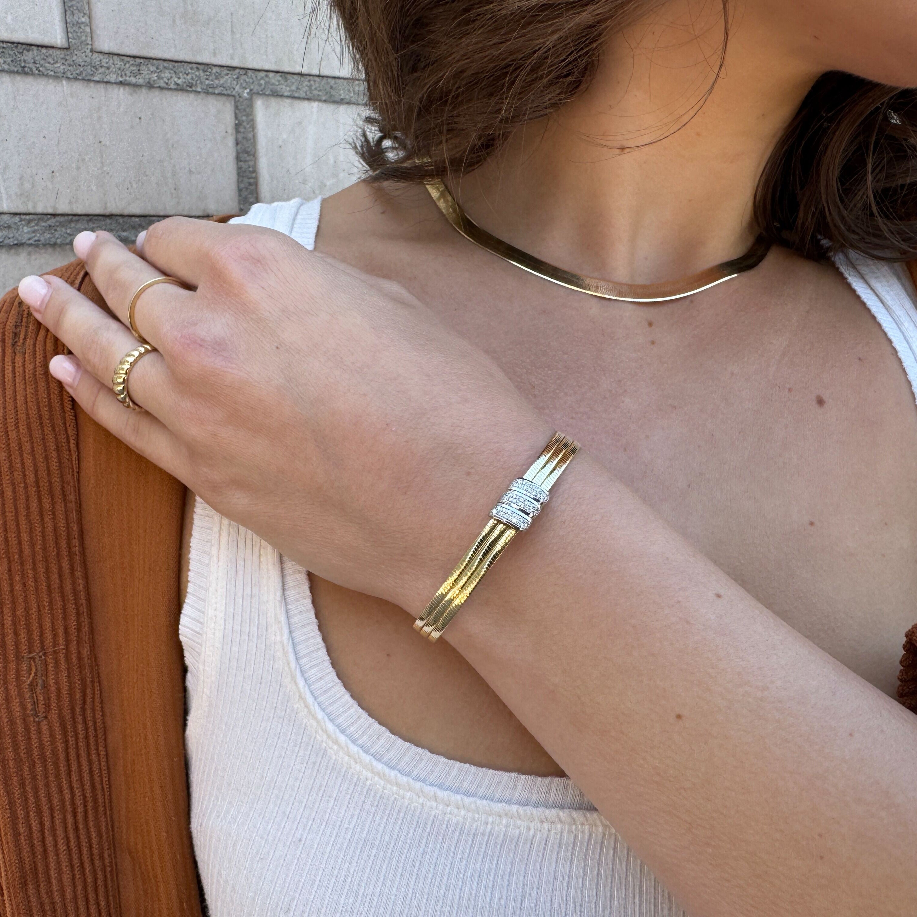 14K Gold Triple Omega Diamond Cuff Bangle – Elegant, Flexible & Natural Diamond Detail