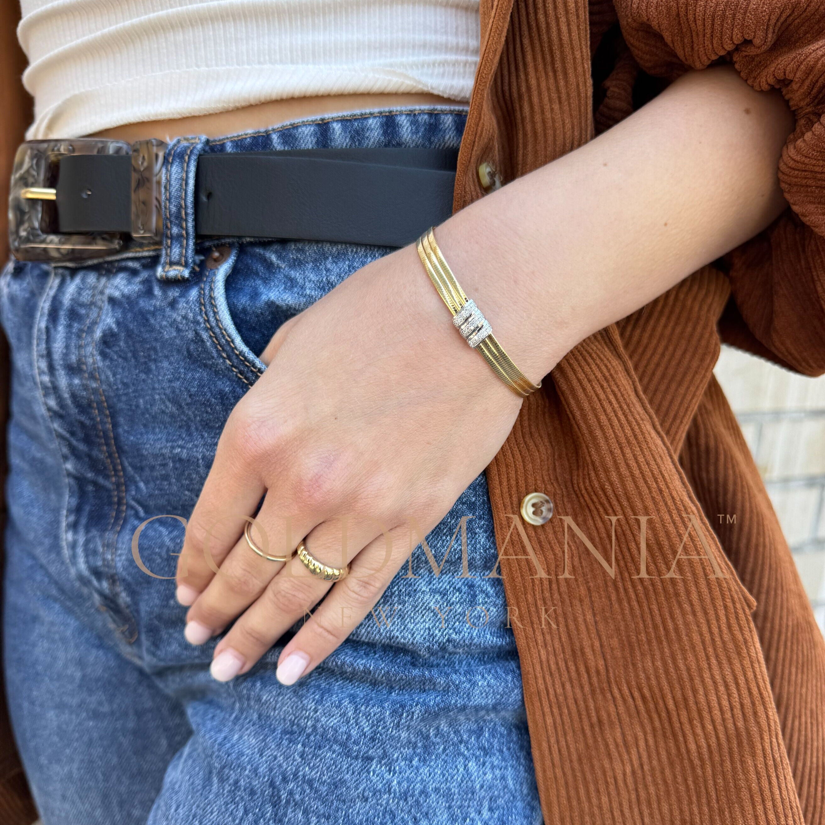 14K Gold Triple Omega Diamond Cuff Bangle – Elegant, Flexible & Natural Diamond Detail