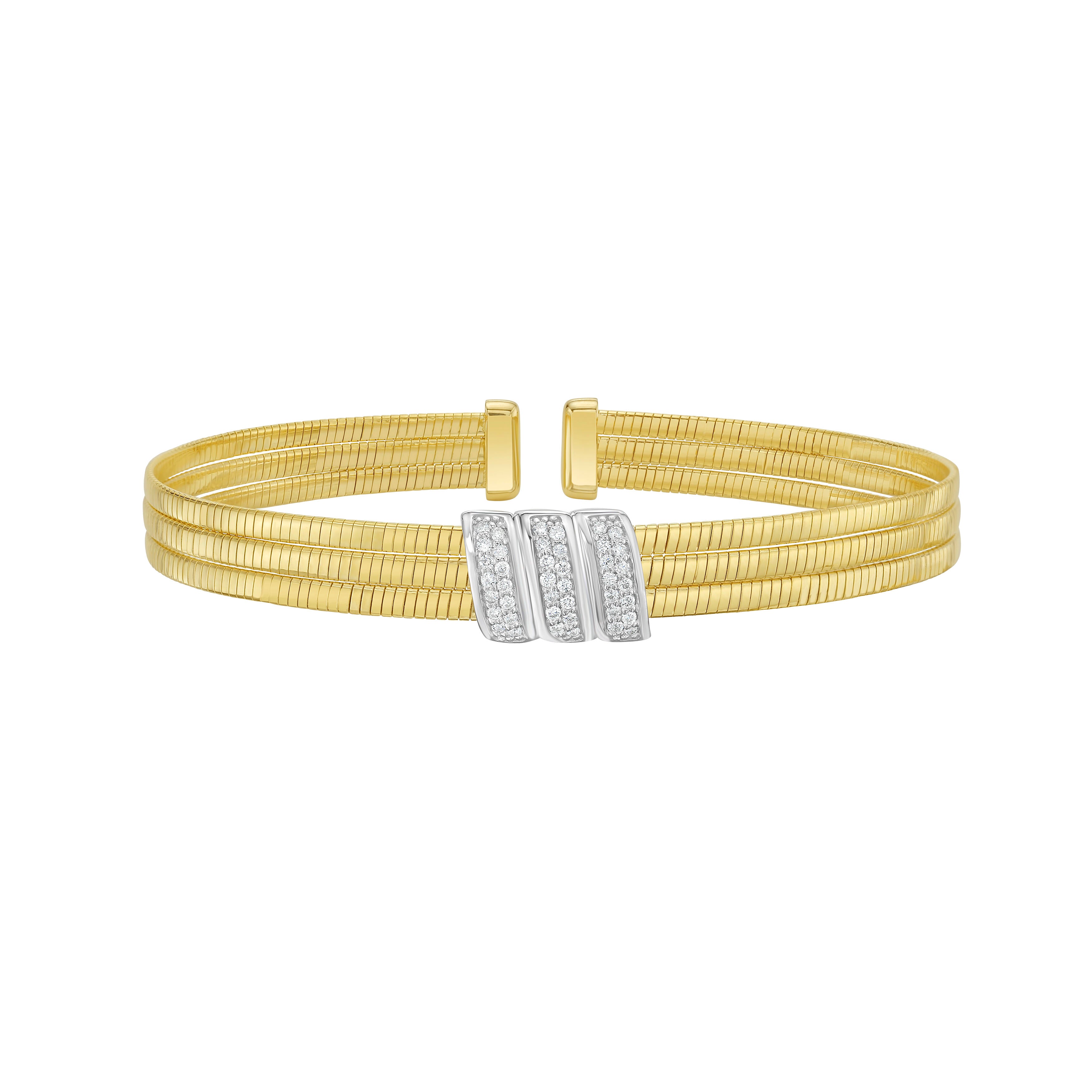 14K Gold Triple Omega Diamond Cuff Bangle, 0.21 carat total weight, natural diamonds, Triple omega layers with diamond-accented centerpiece