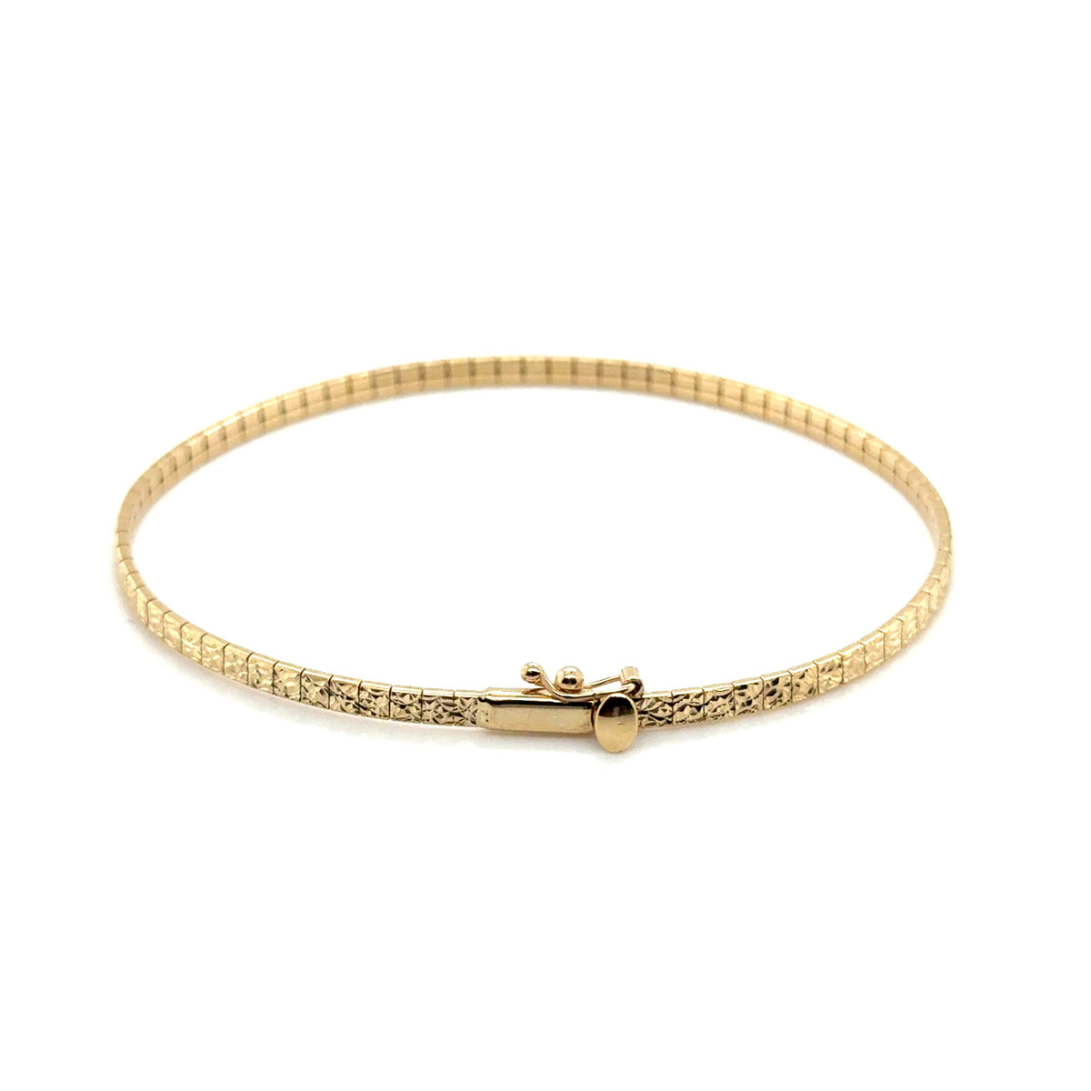 14K real Yellow Gold Dainty 2.1mm 7 Inch Diamond Cut Omega Bracelet Featuring Square Links Comes with a box clasp and safety latch Also available in white gold