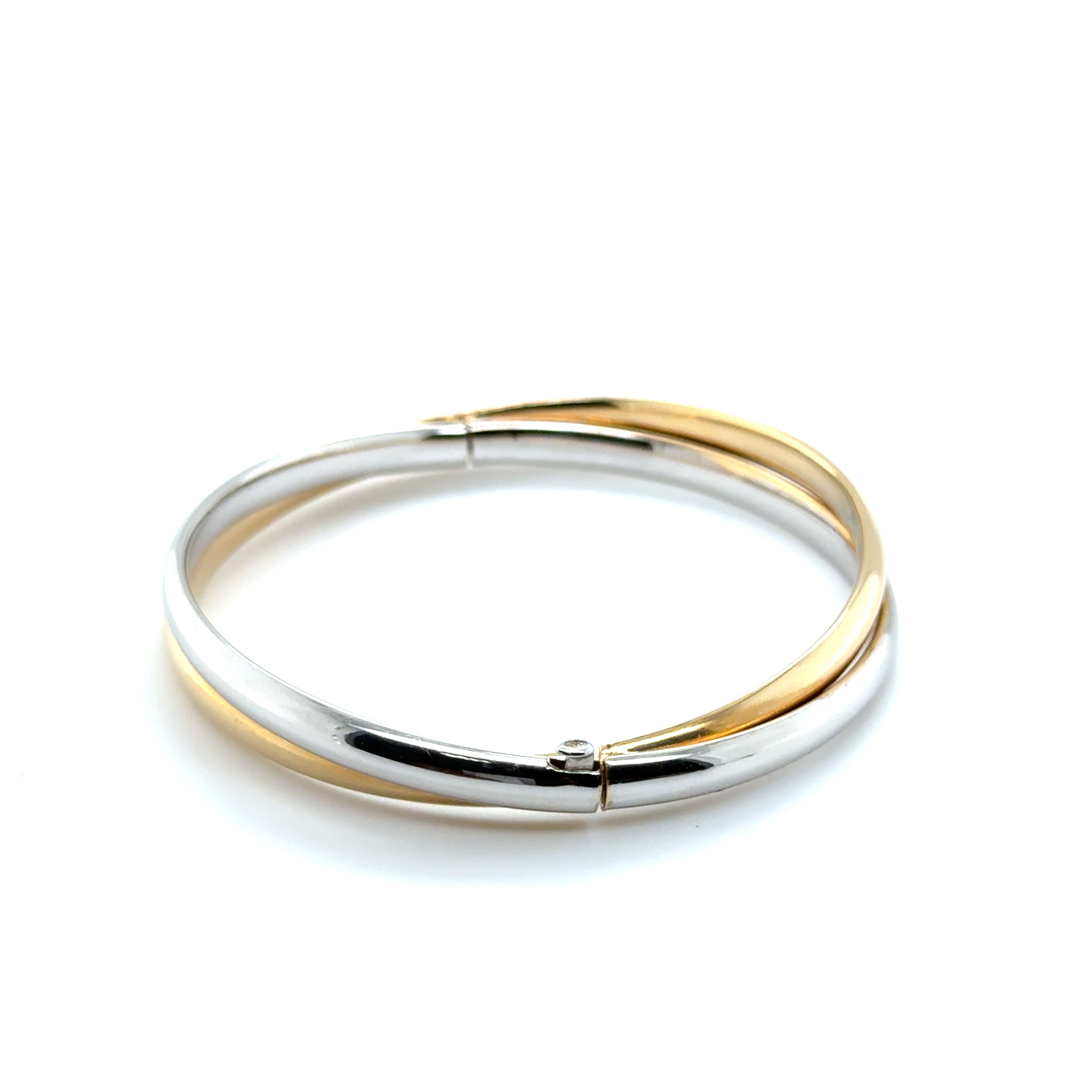 14K Two Tone Gold Yellow Gold And White Gold Polished Crossover Bangle Bracelet Hinged With Box Clasp 7" 8mm Thick