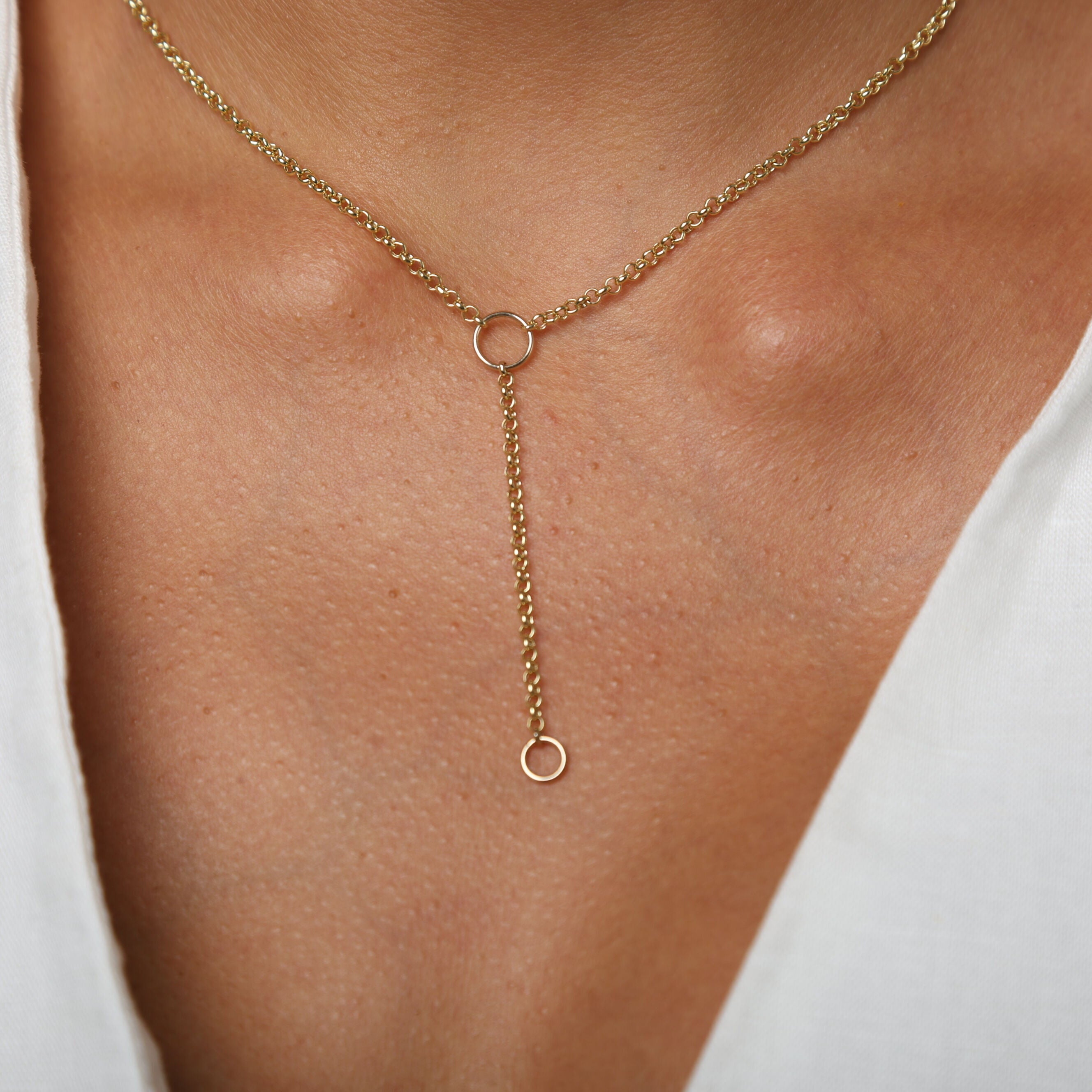 14K Gold Rolo Lariat Necklace: 18" Y-Drop Chain