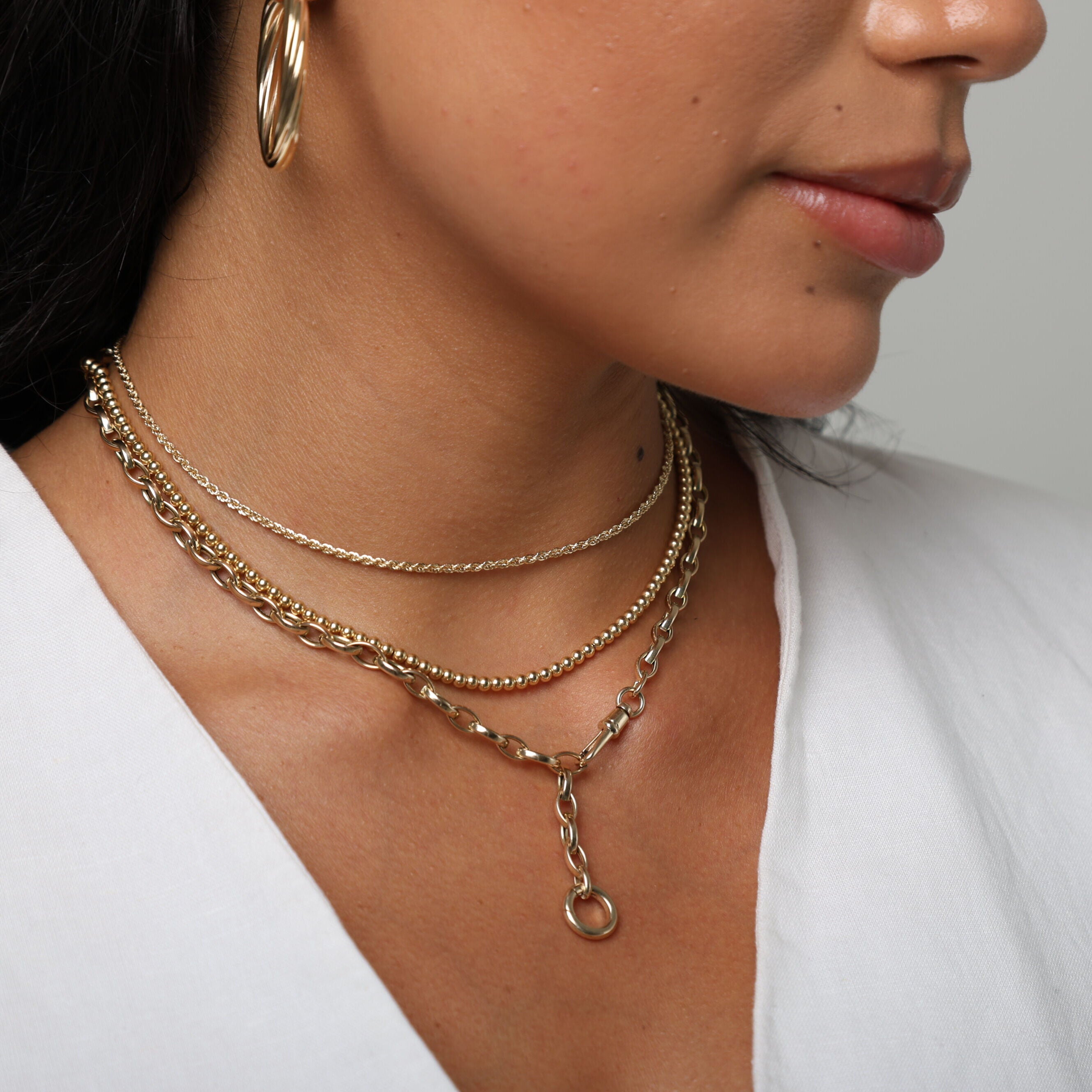 14K Gold Double Clasp Charm Holder Necklace: Versatile, Dog Clip & Circle Clasp - Made In Italy