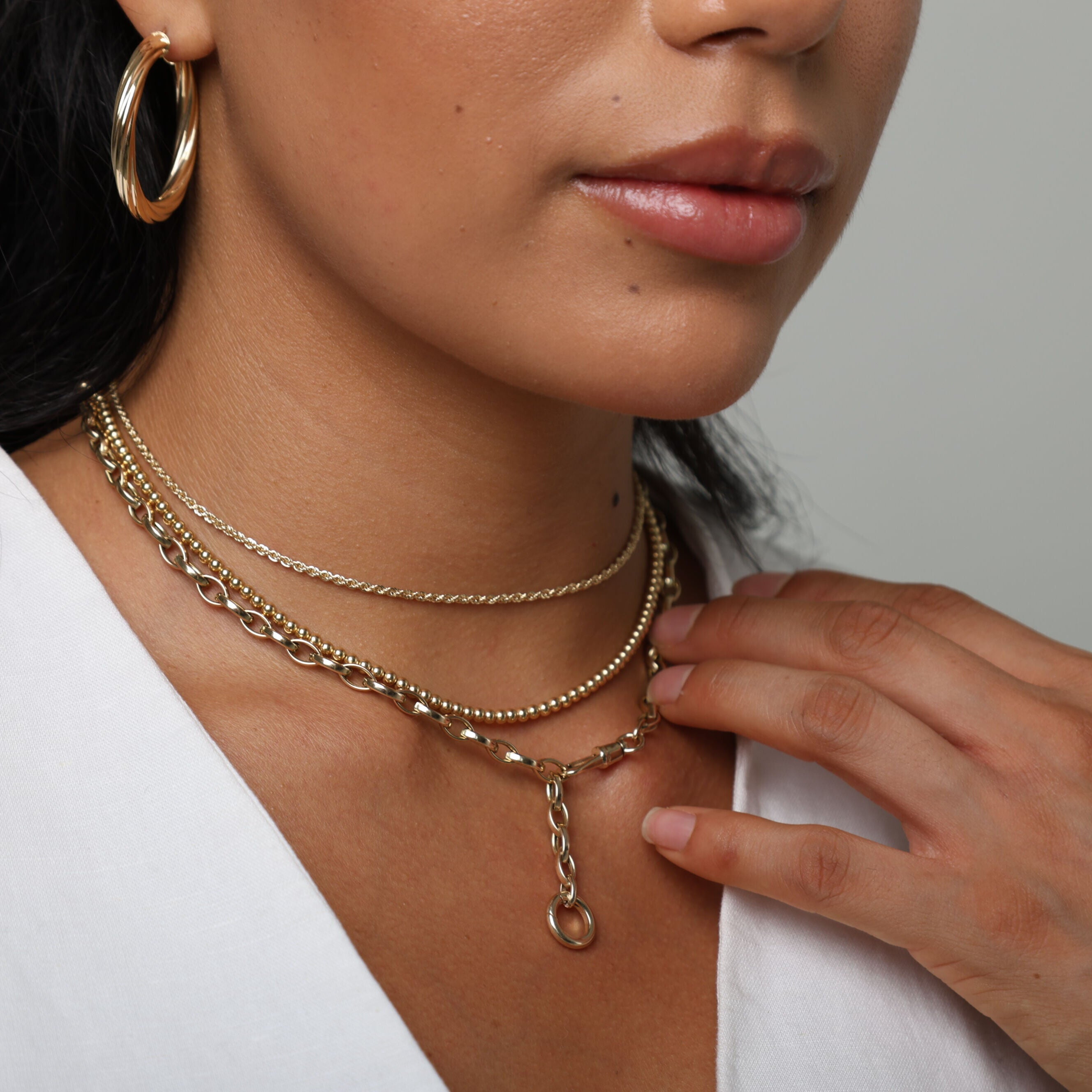 14K Gold Double Clasp Charm Holder Necklace: Versatile, Dog Clip & Circle Clasp - Made In Italy