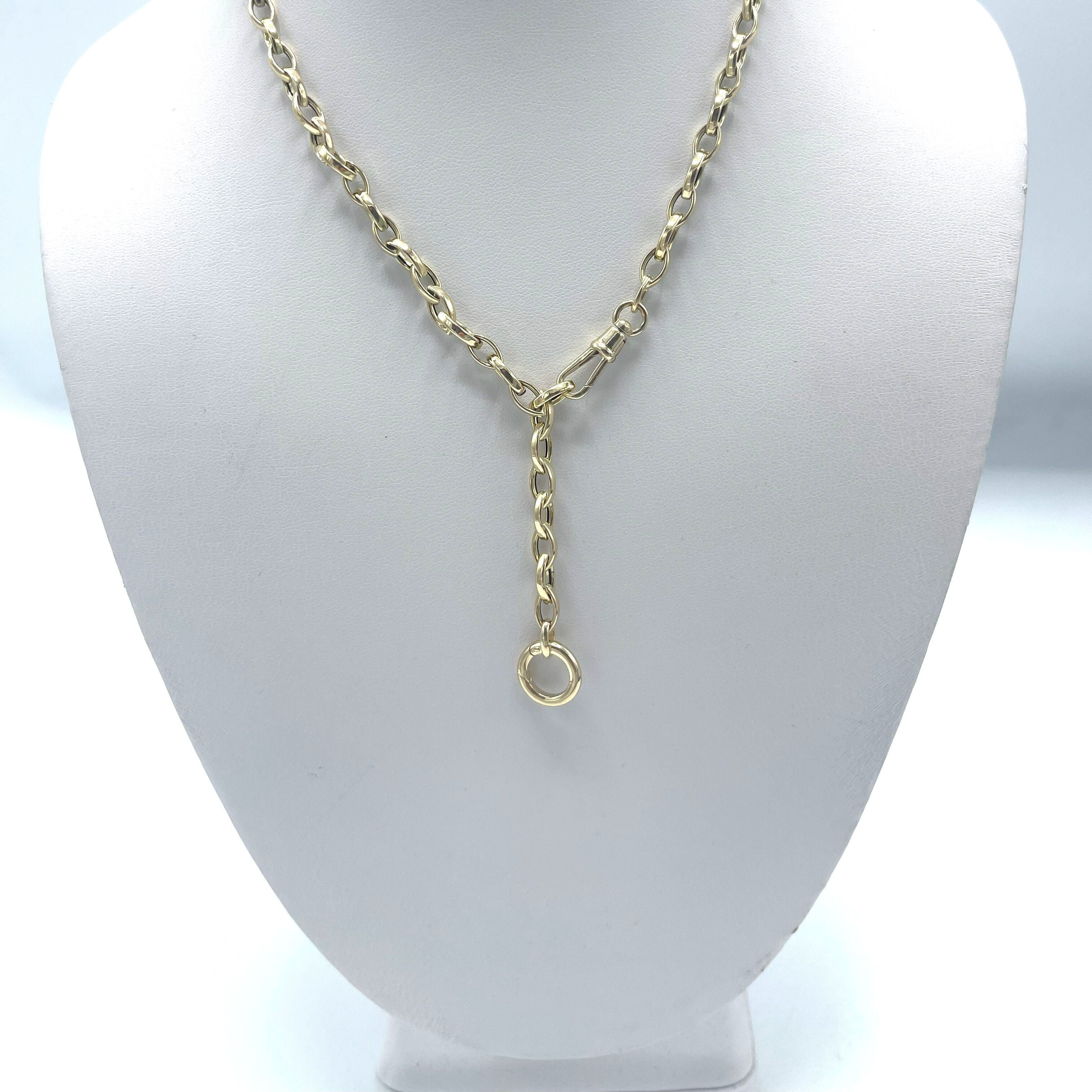 14K Gold Double Clasp Charm Holder Necklace: Versatile, Dog Clip & Circle Clasp - Made In Italy