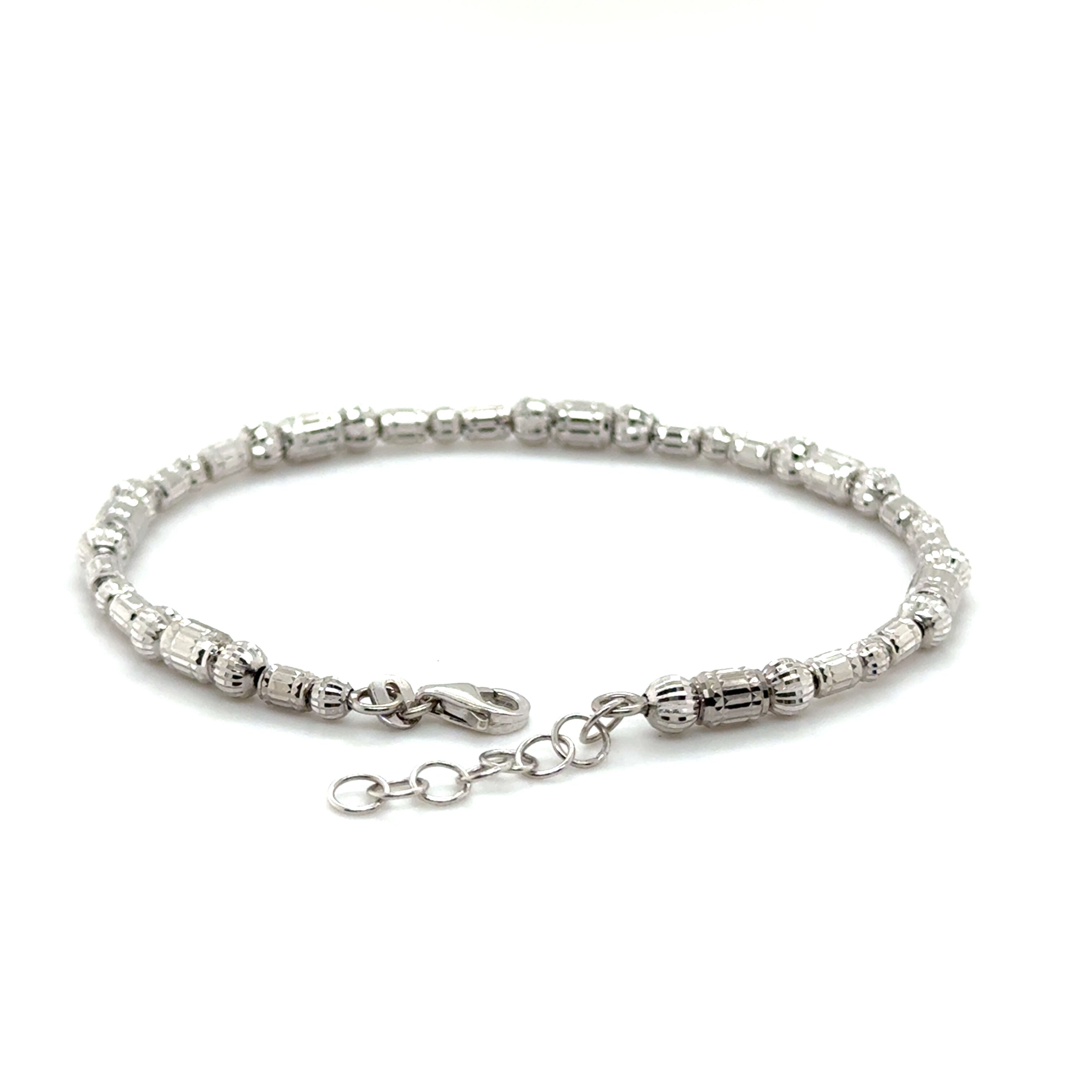 14K White Gold Barrel Bead Bracelet – Elegant and Adjustable Lobster Claw Closure