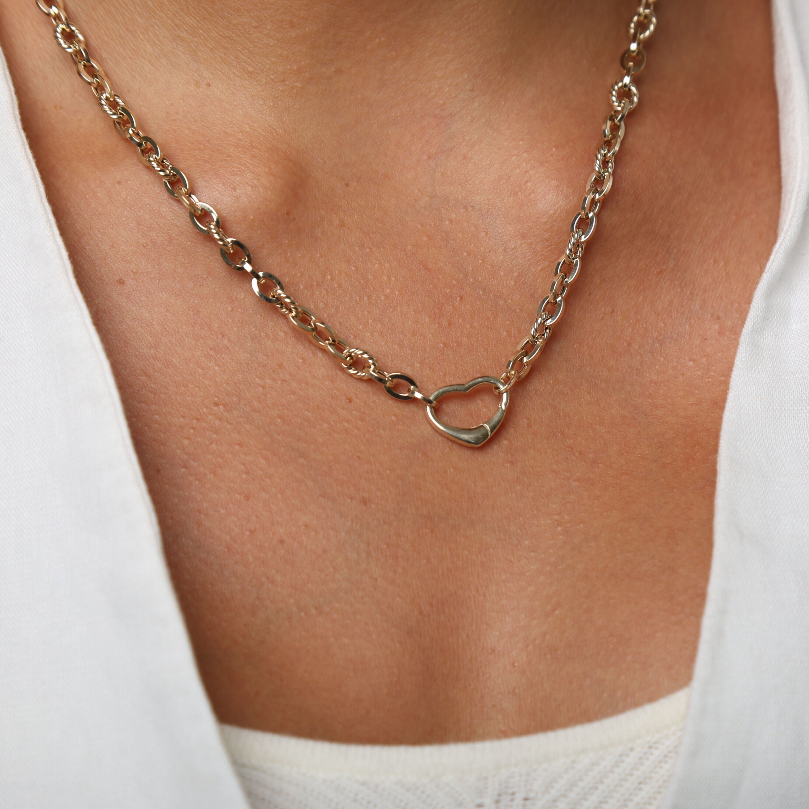 14K Yellow Gold Heart Charm Holder Necklace – 18" Chunky Gold Chain