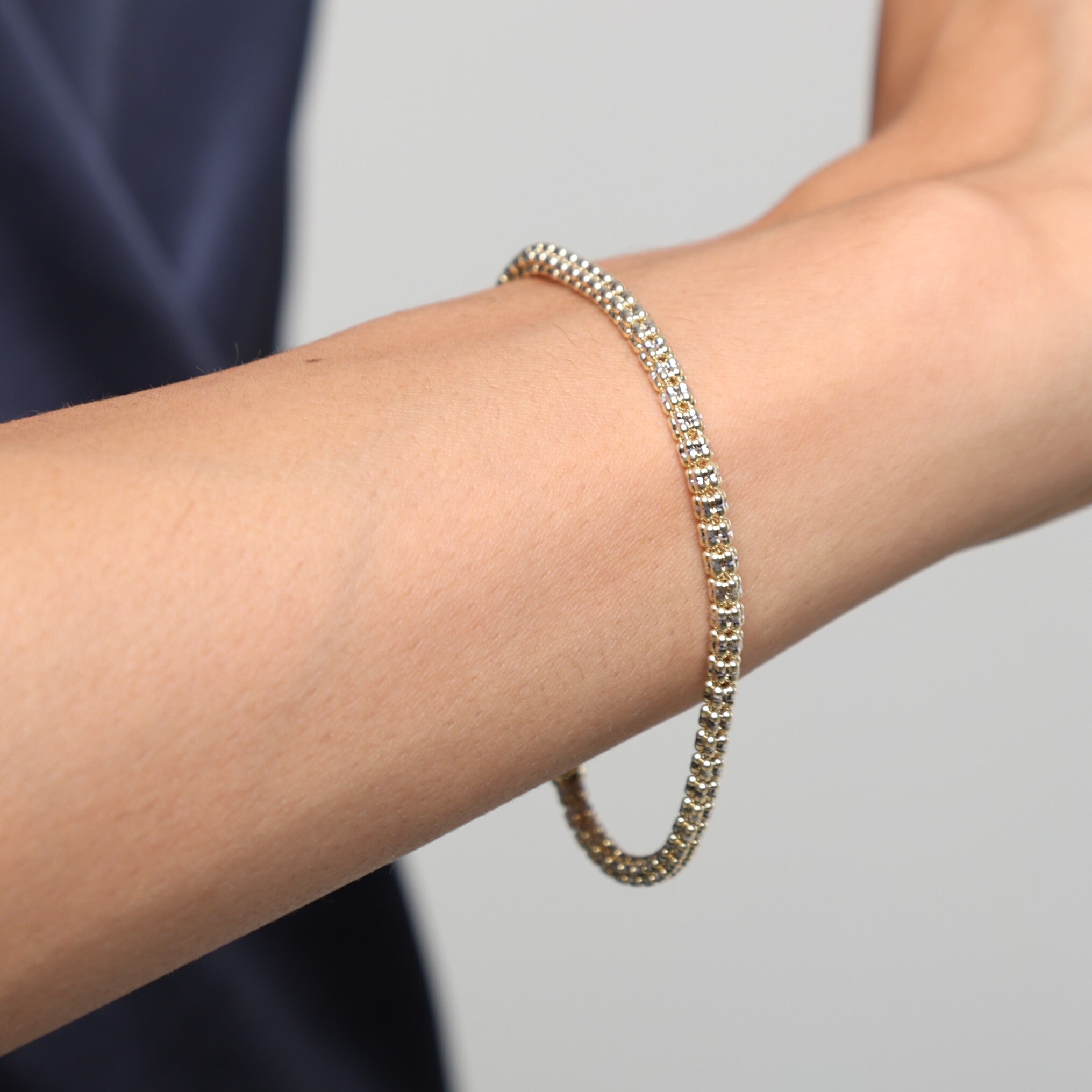 14K Two-Tone Yellow & White Diamond Cut Round Bead Bracelet