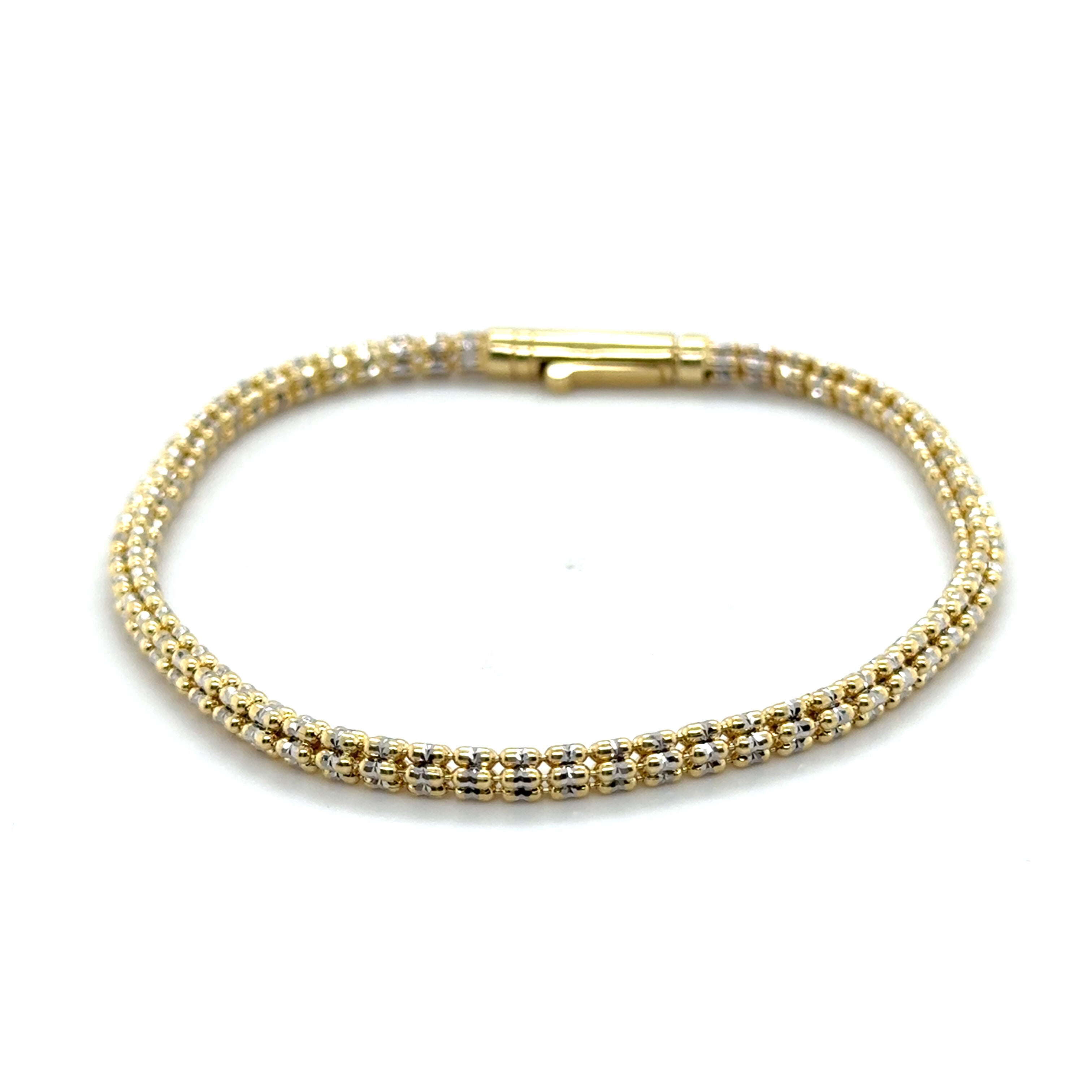 14K Two-Tone Yellow & White Diamond Cut Round Bead Bracelet