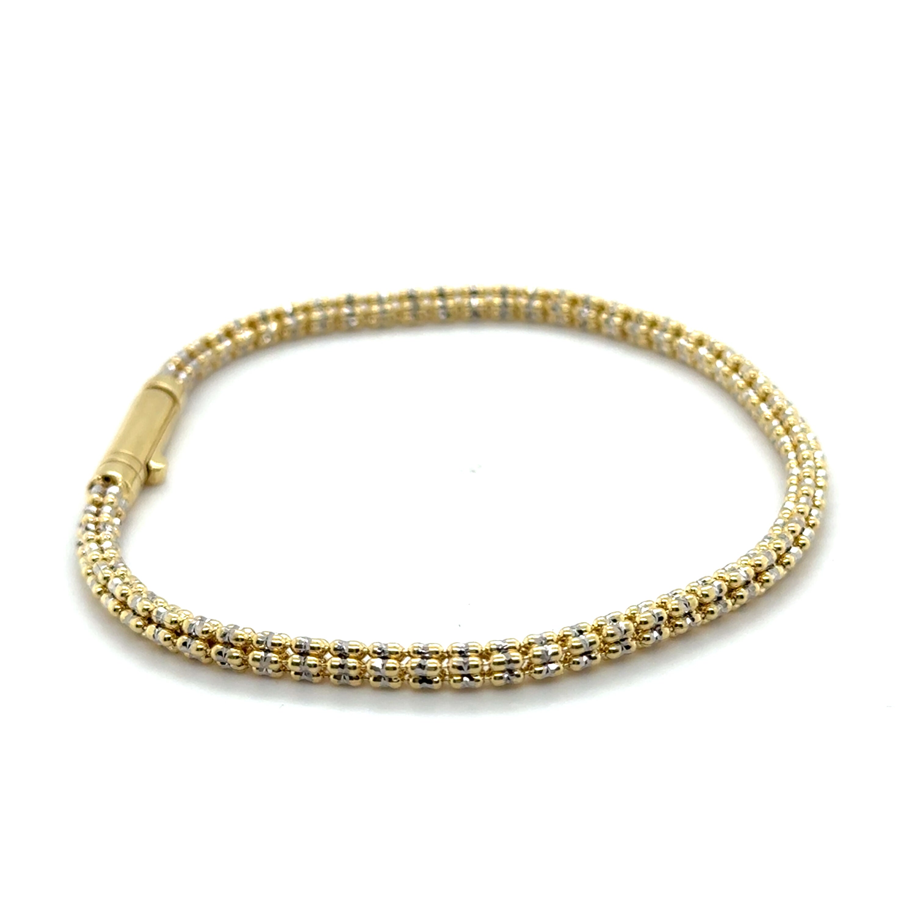 14K Two-Tone Yellow & White Diamond Cut Round Bead Bracelet