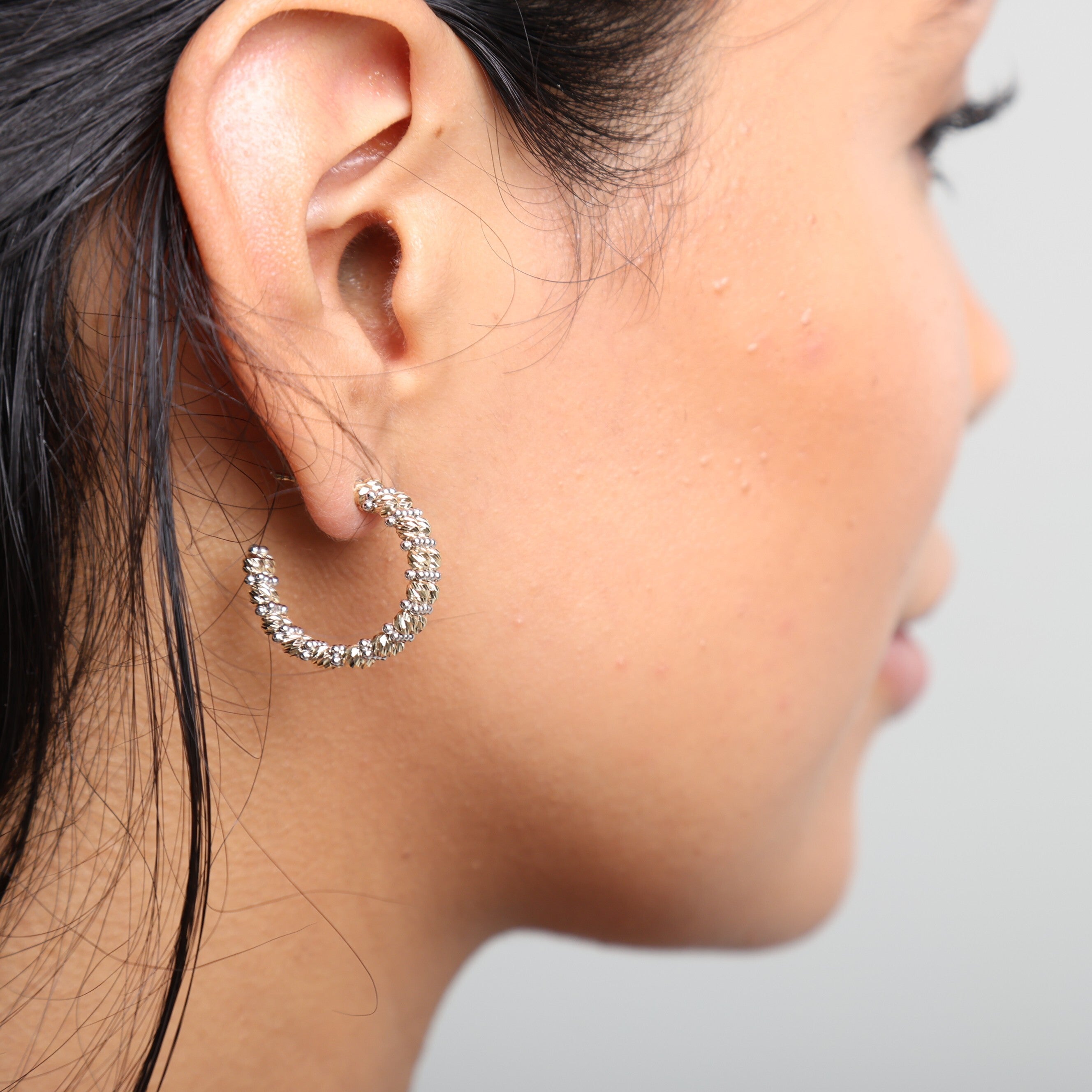 14K Two Tone Gold Beaded Double Row C-Hoop Earrings -- Diamond Cut, Made In Italy