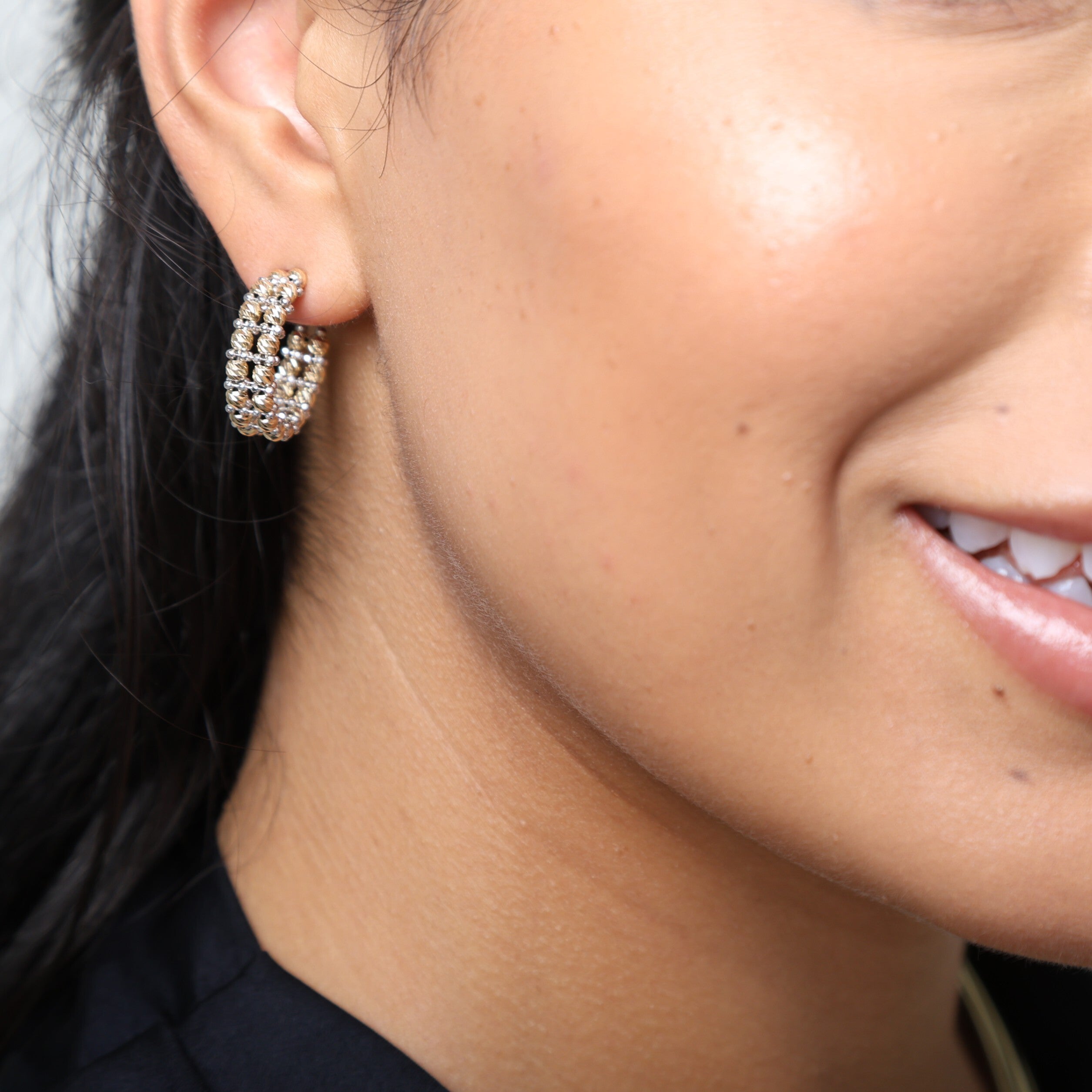 14K Two Tone Gold Beaded Double Row C-Hoop Earrings -- Diamond Cut, Made In Italy