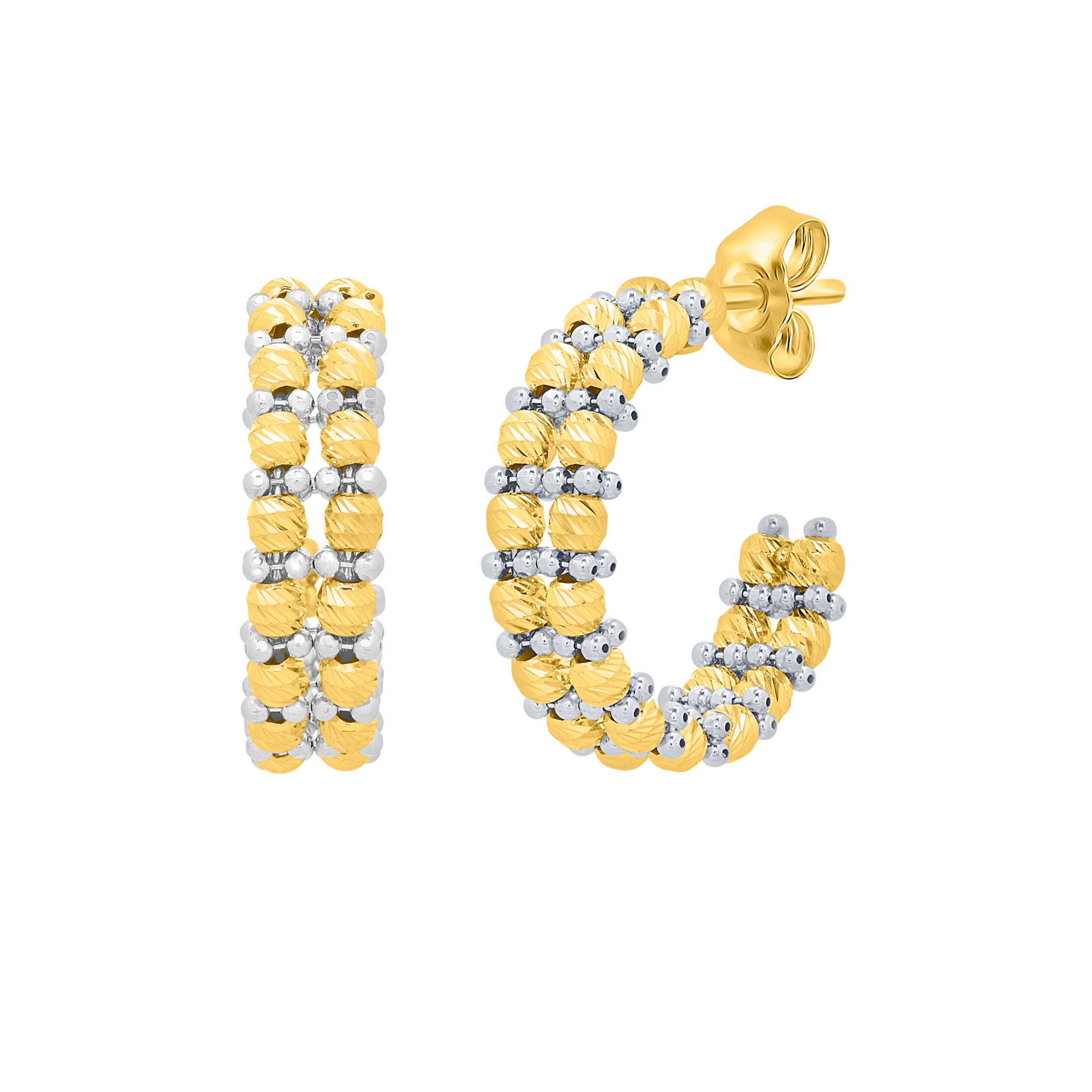 14K Two Tone Gold Beaded Double Row C-Hoop Earrings