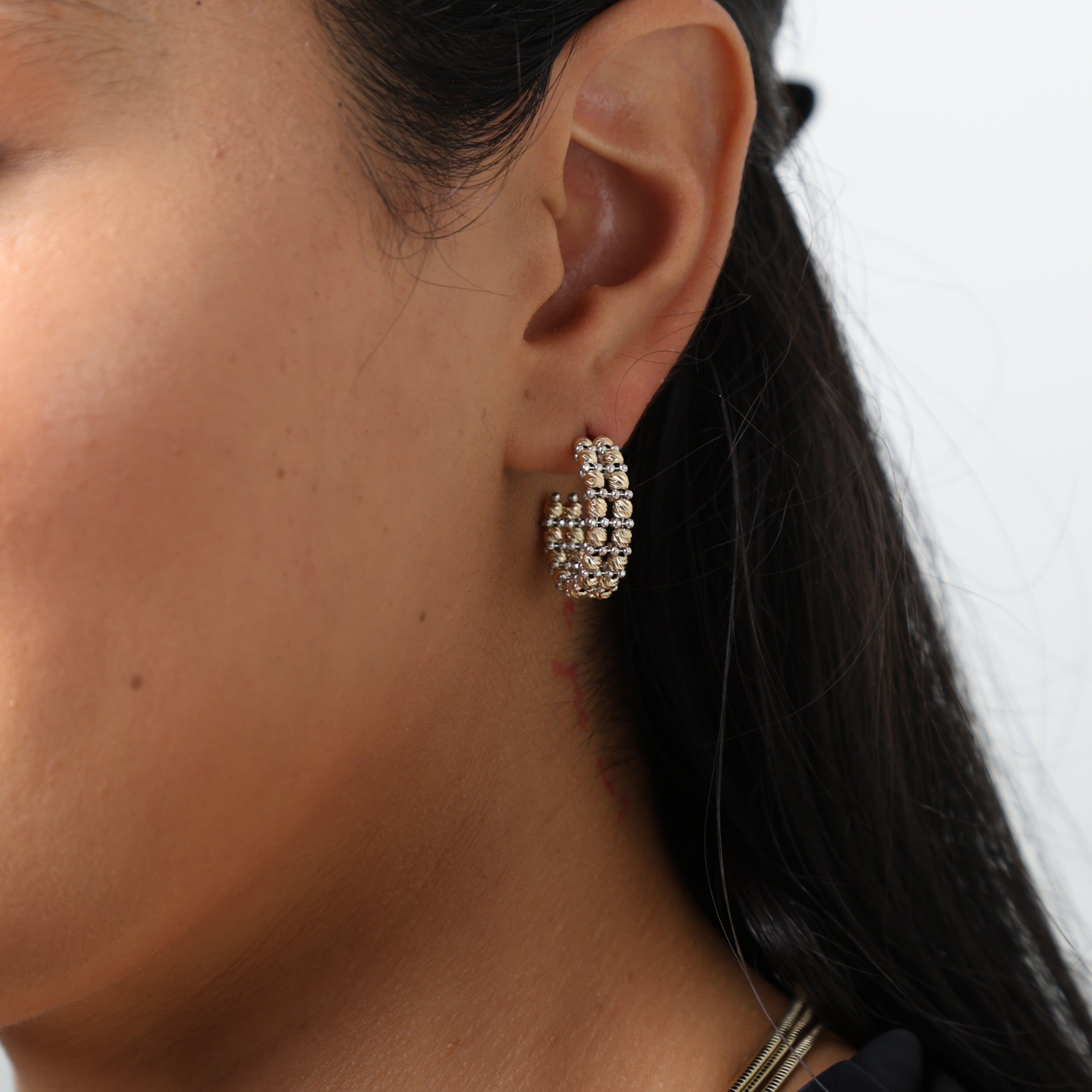 14K Two Tone Gold Beaded Double Row C-Hoop Earrings -- Diamond Cut, Made In Italy