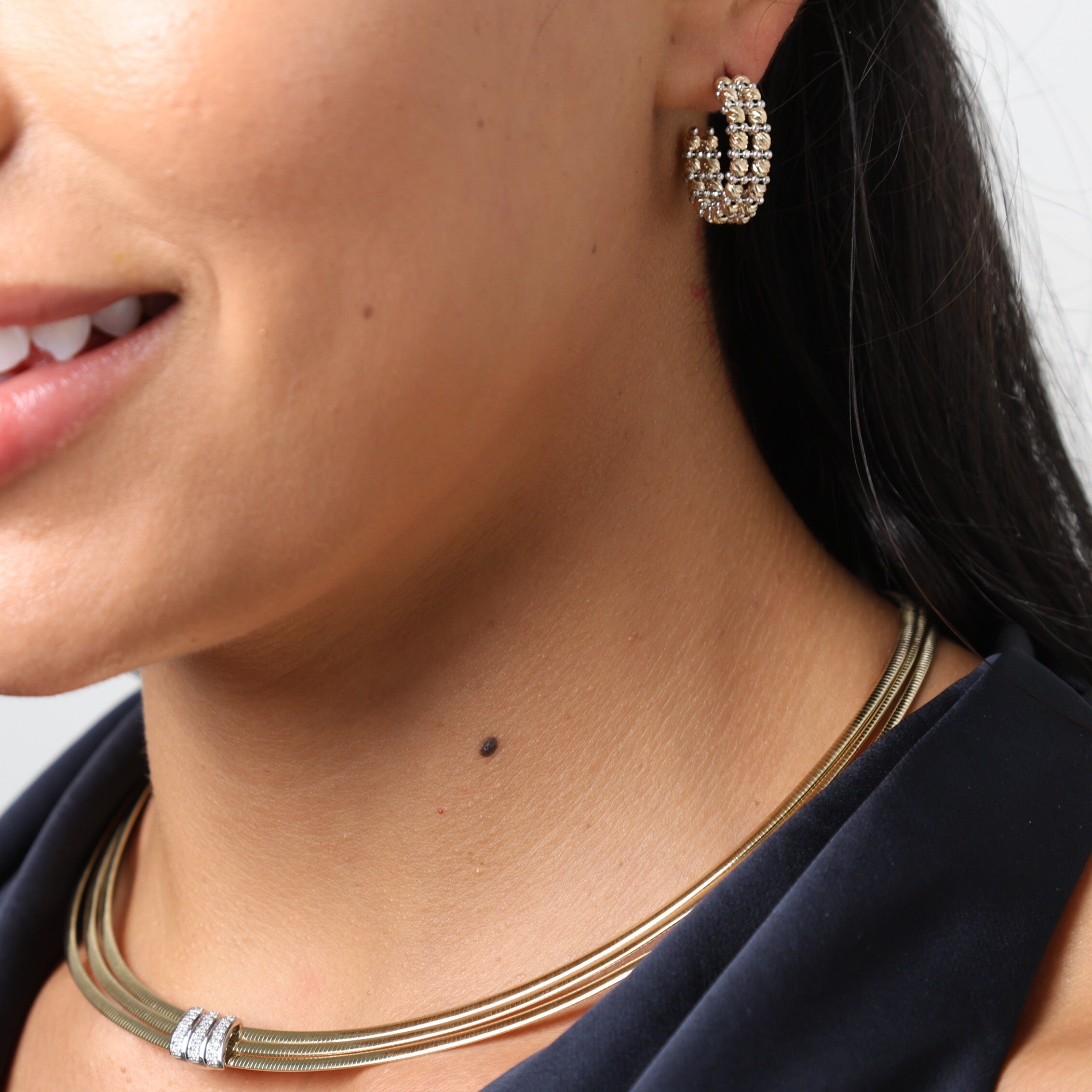 14K Two Tone Gold Beaded Double Row C-Hoop Earrings -- Diamond Cut, 20 x 5.6mm