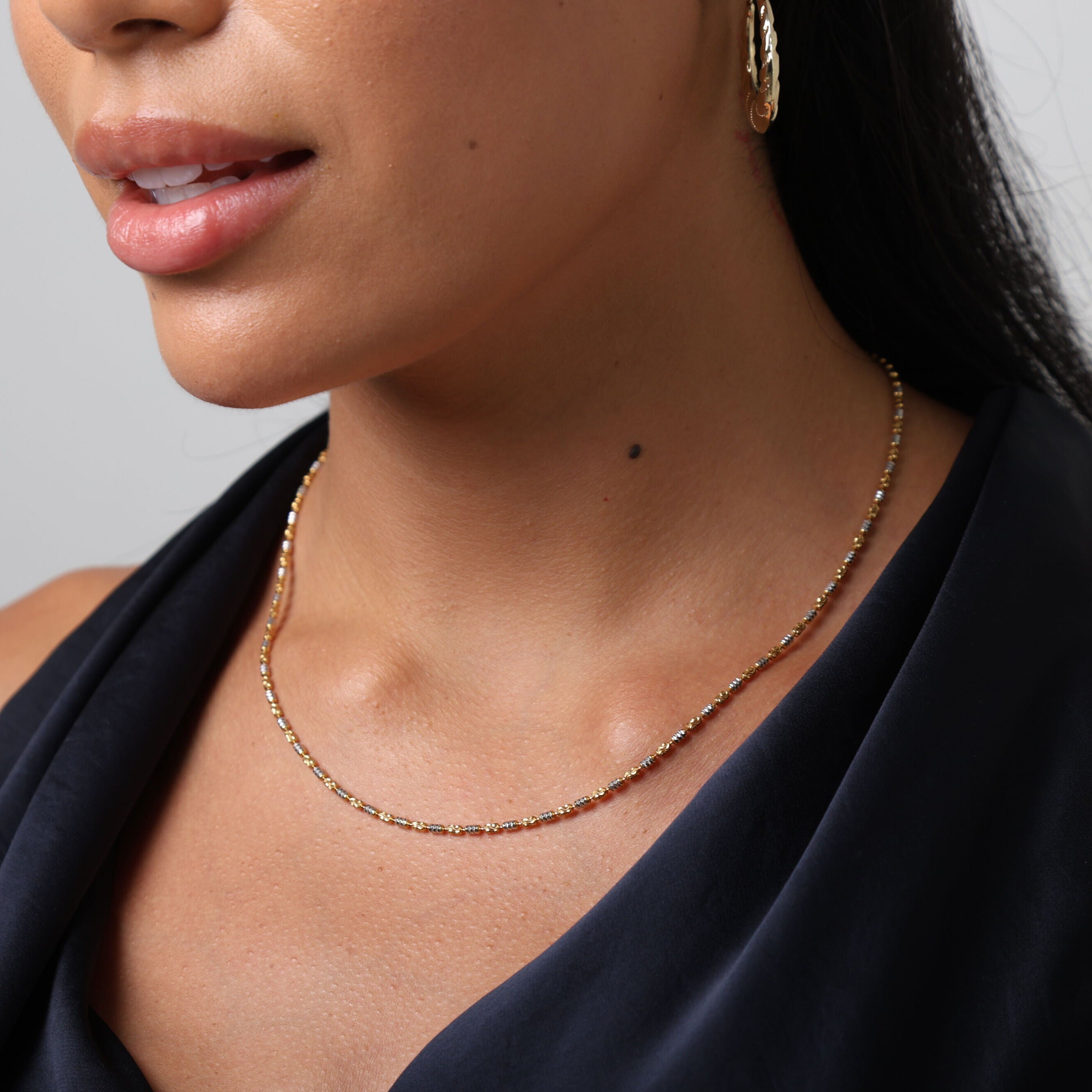 14K Two Tone Gold Barrel Bead Necklace - Diamond Cut, Dainty Yet Substantial