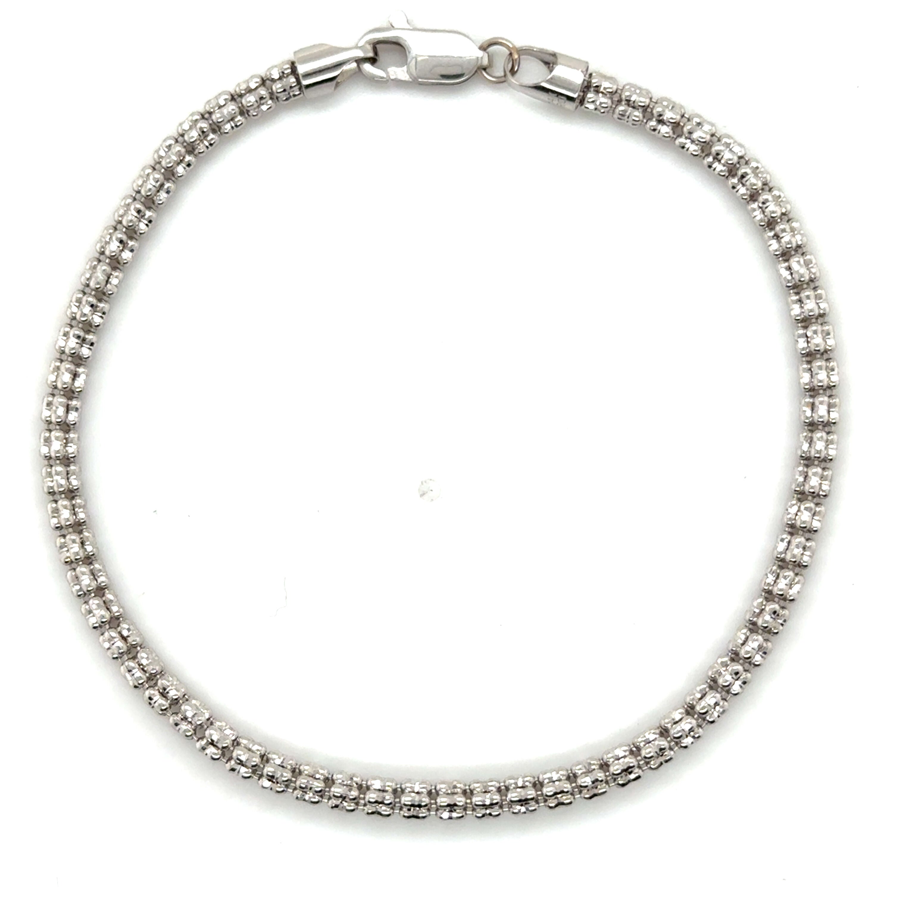 14K White Gold Diamond Cut Round Bead Chain Bracelet, 8"