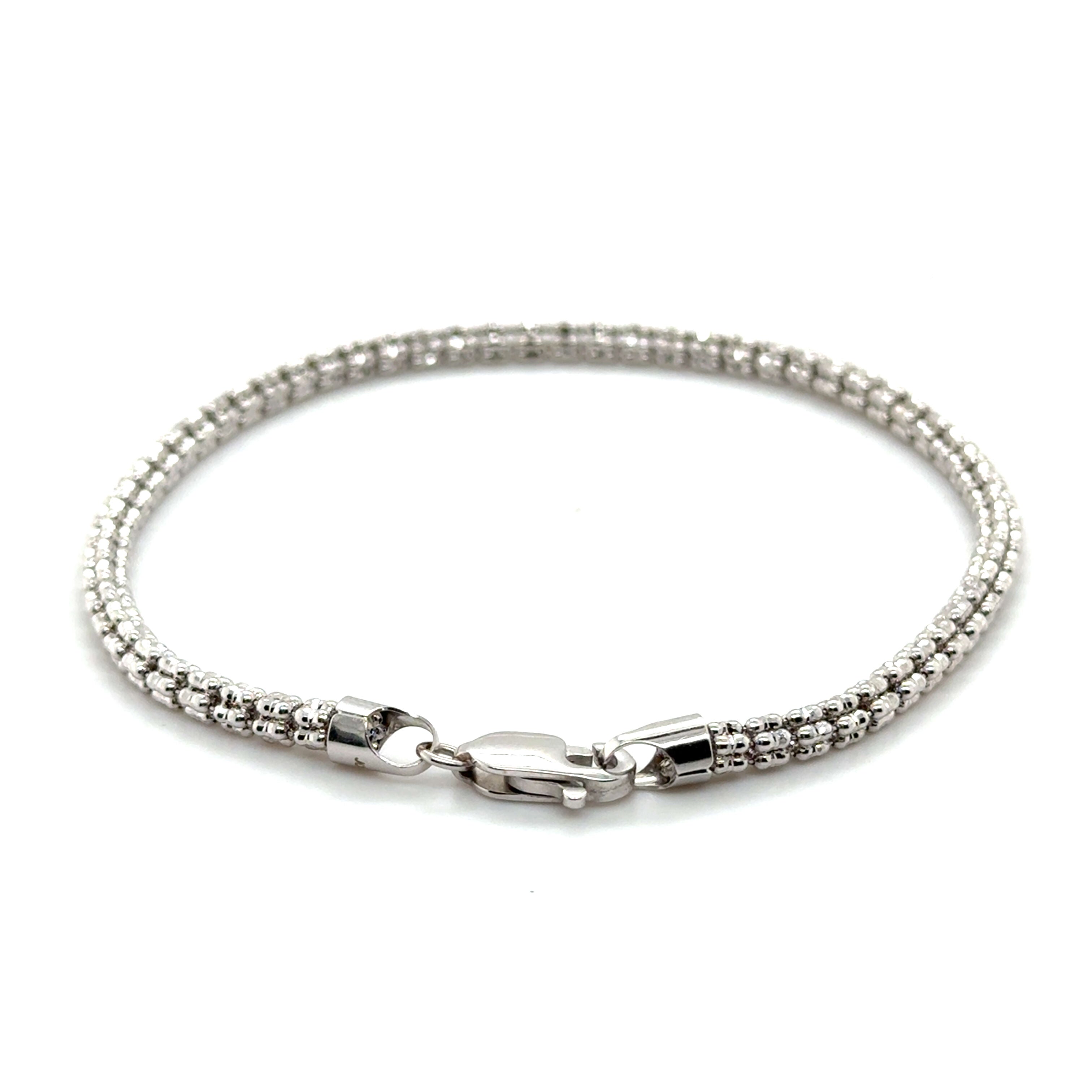 14K White Gold Diamond Cut Round Bead Chain Bracelet, 8"