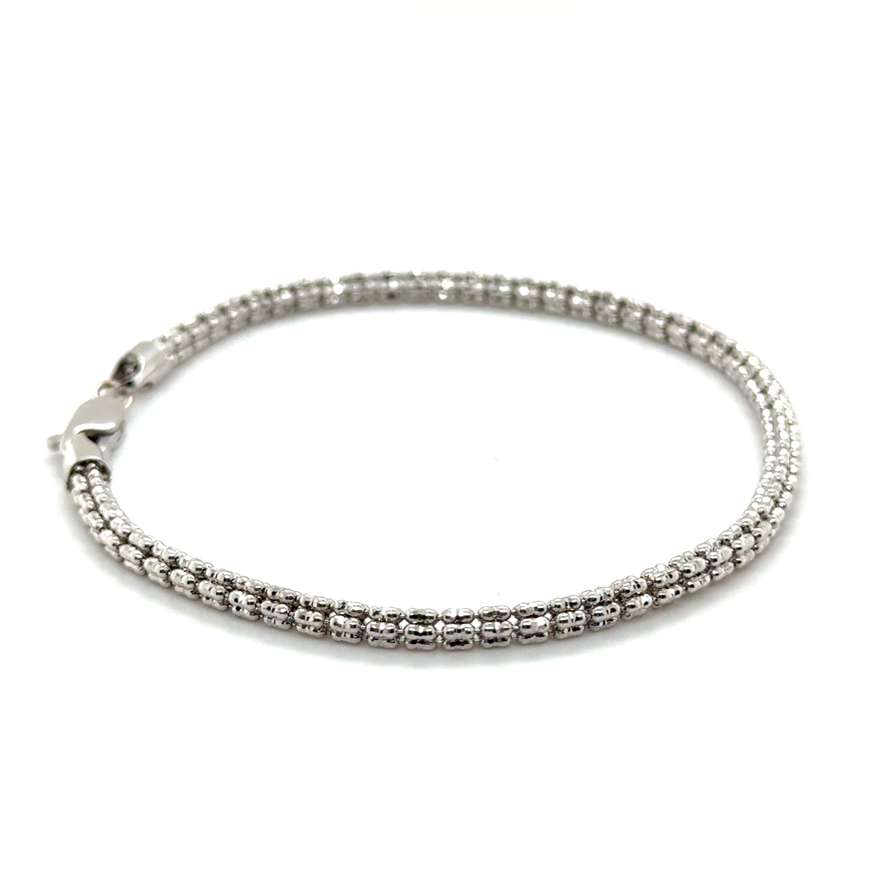14K White Gold Diamond Cut Round Bead Chain Bracelet, 8"