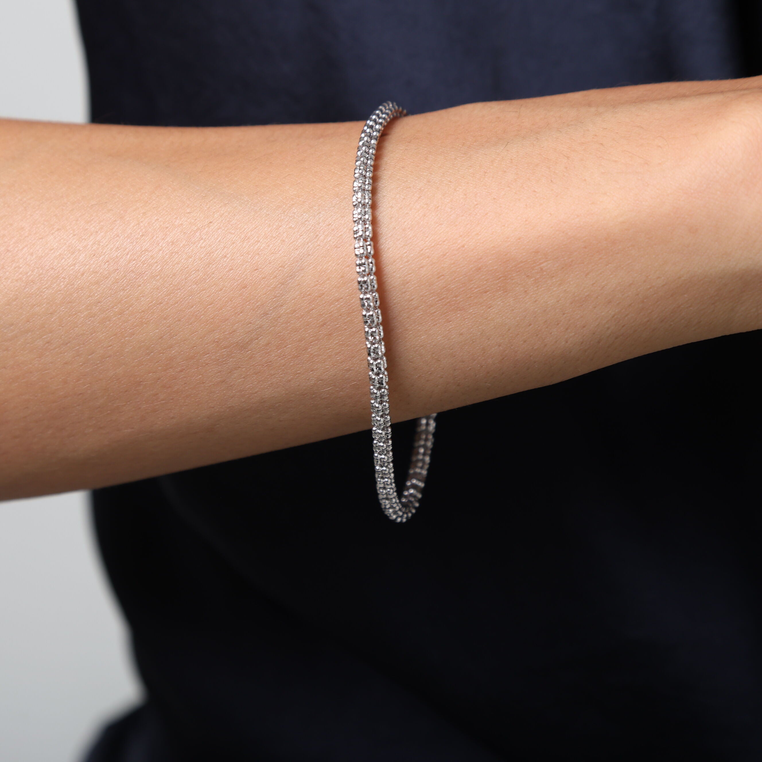 14K White Gold Diamond Cut Round Bead Chain Bracelet, 8"