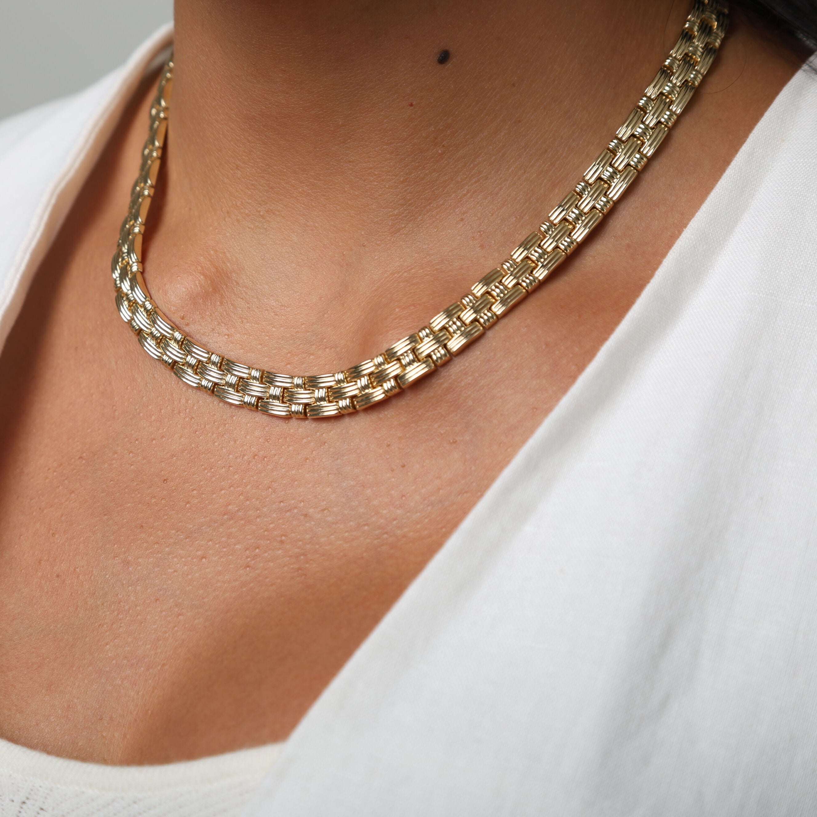 14K Gold 17" Basketweave Necklace: 9mm Wide - Bold and Elegant