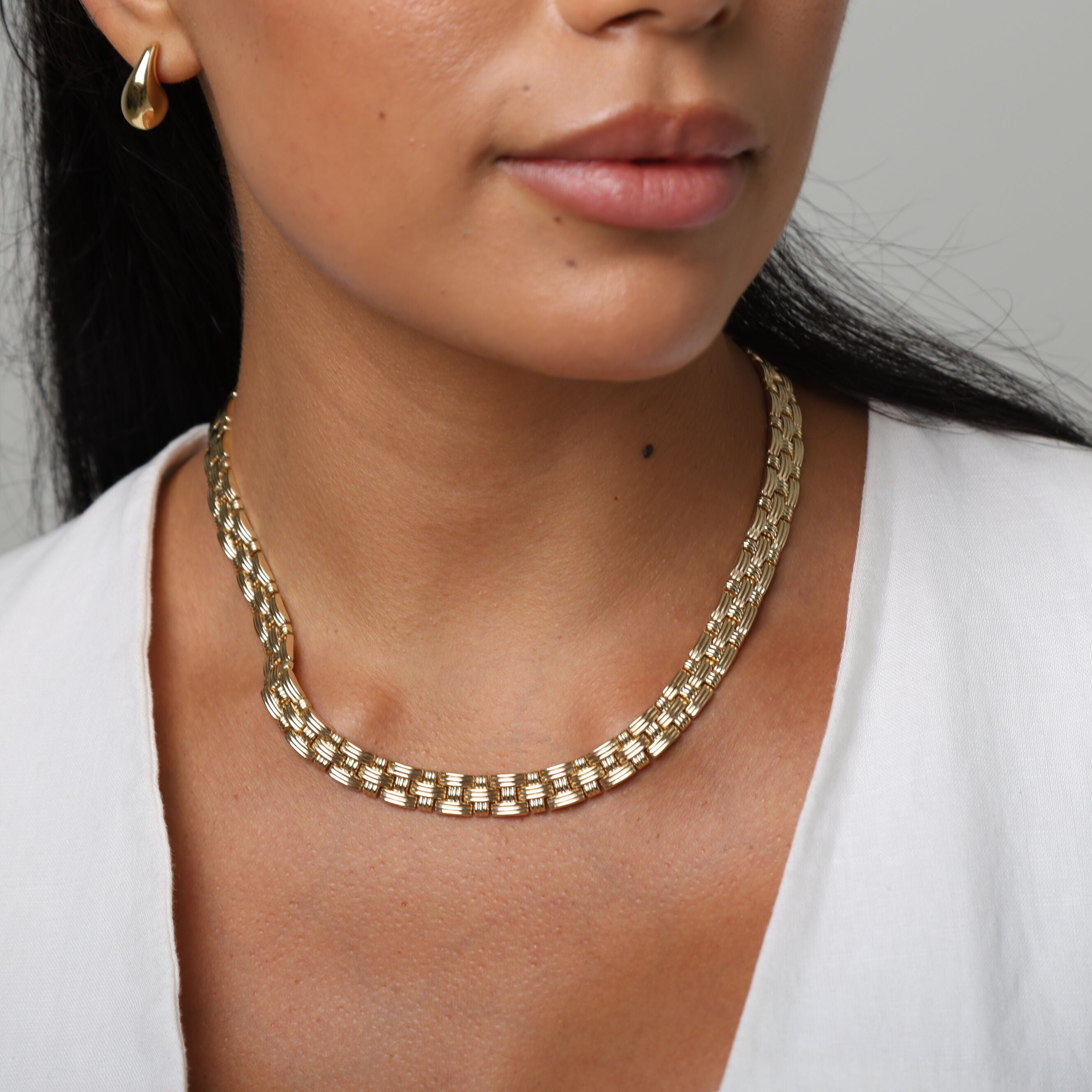 14K Gold 17" Basketweave Necklace: 9mm Wide - Bold and Elegant