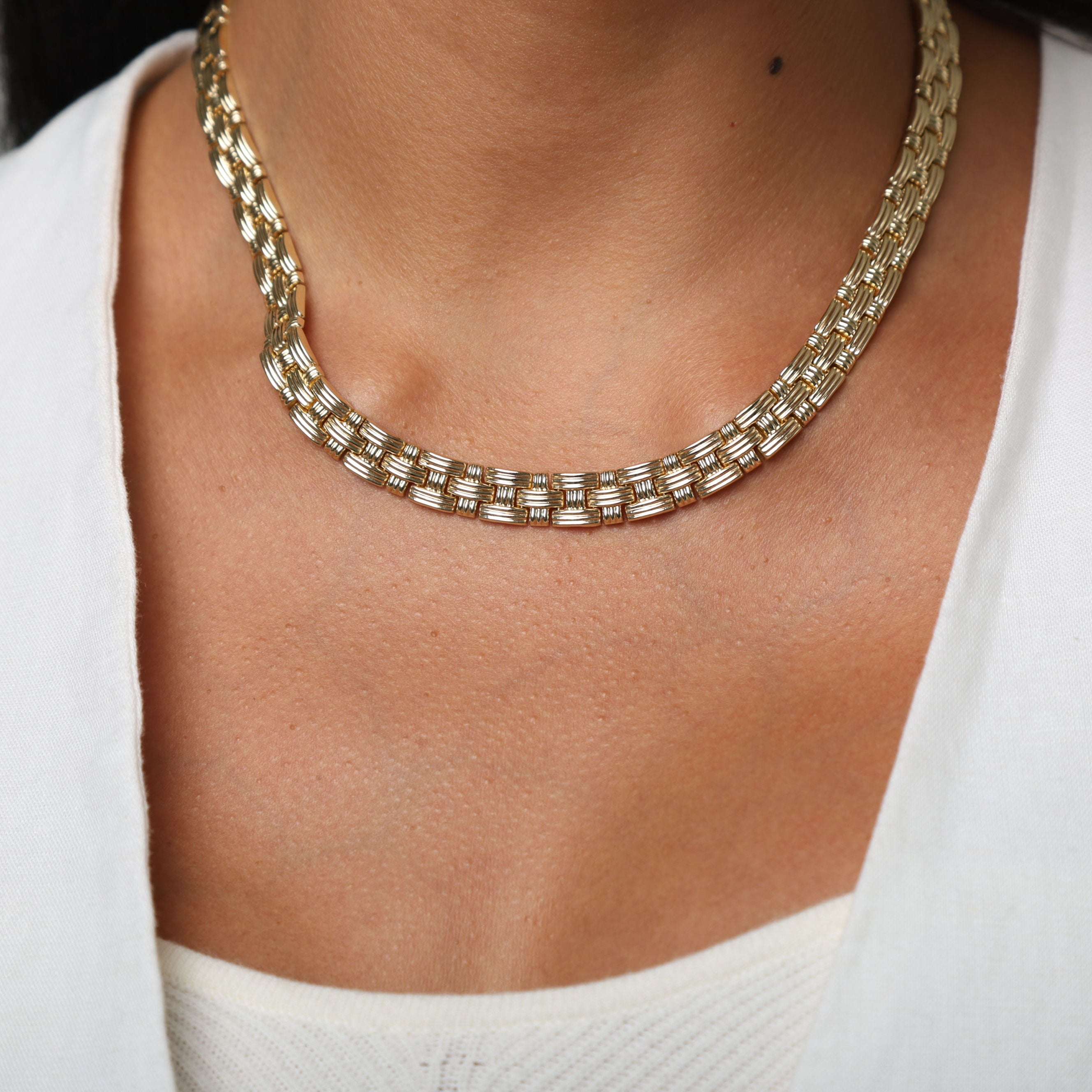 14K Gold 17" Basketweave Necklace: 9mm Wide - Bold and Elegant