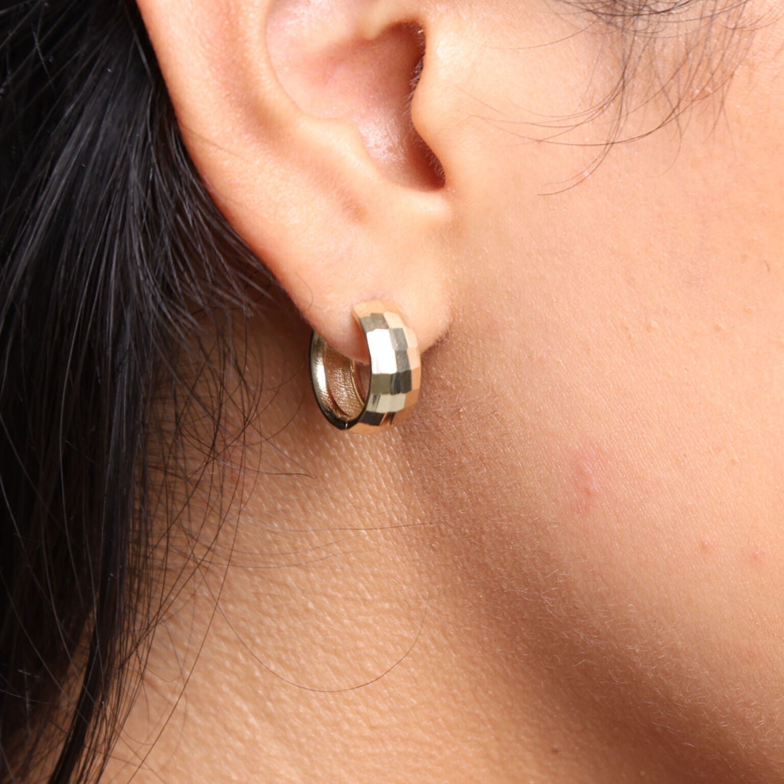 14K Gold Chunky Faceted Huggie Hoop Earrings