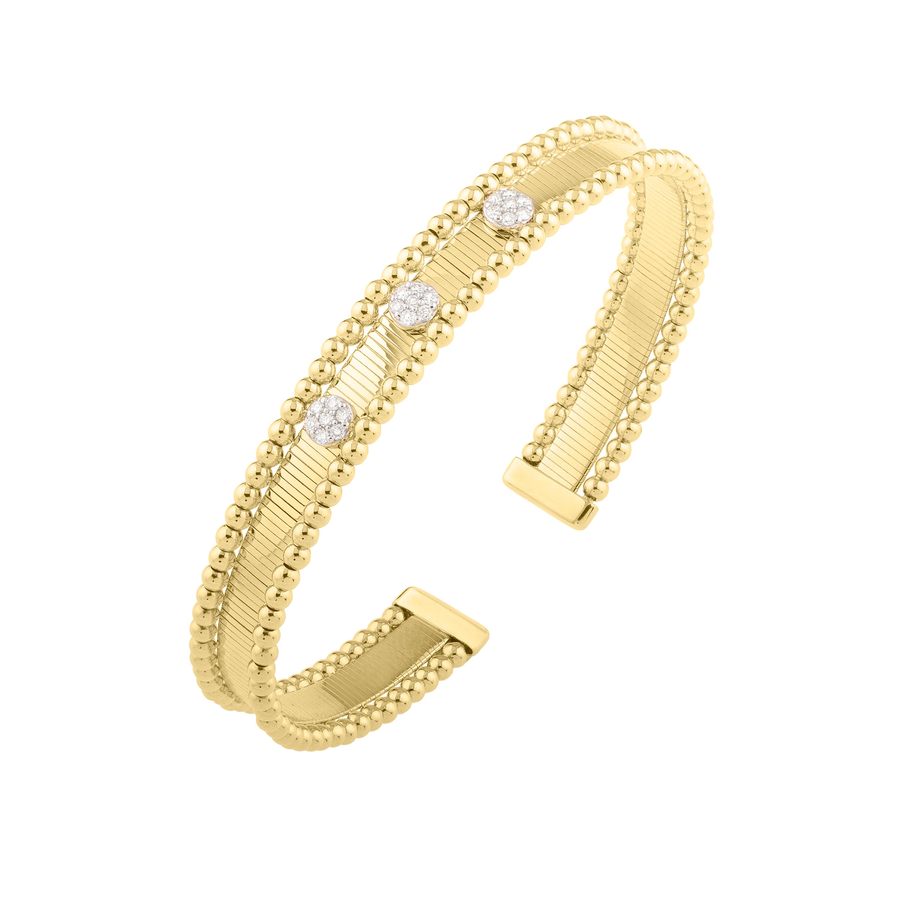14k Gold & Diamond Ribbed Cuff Bangle with Beaded Edge