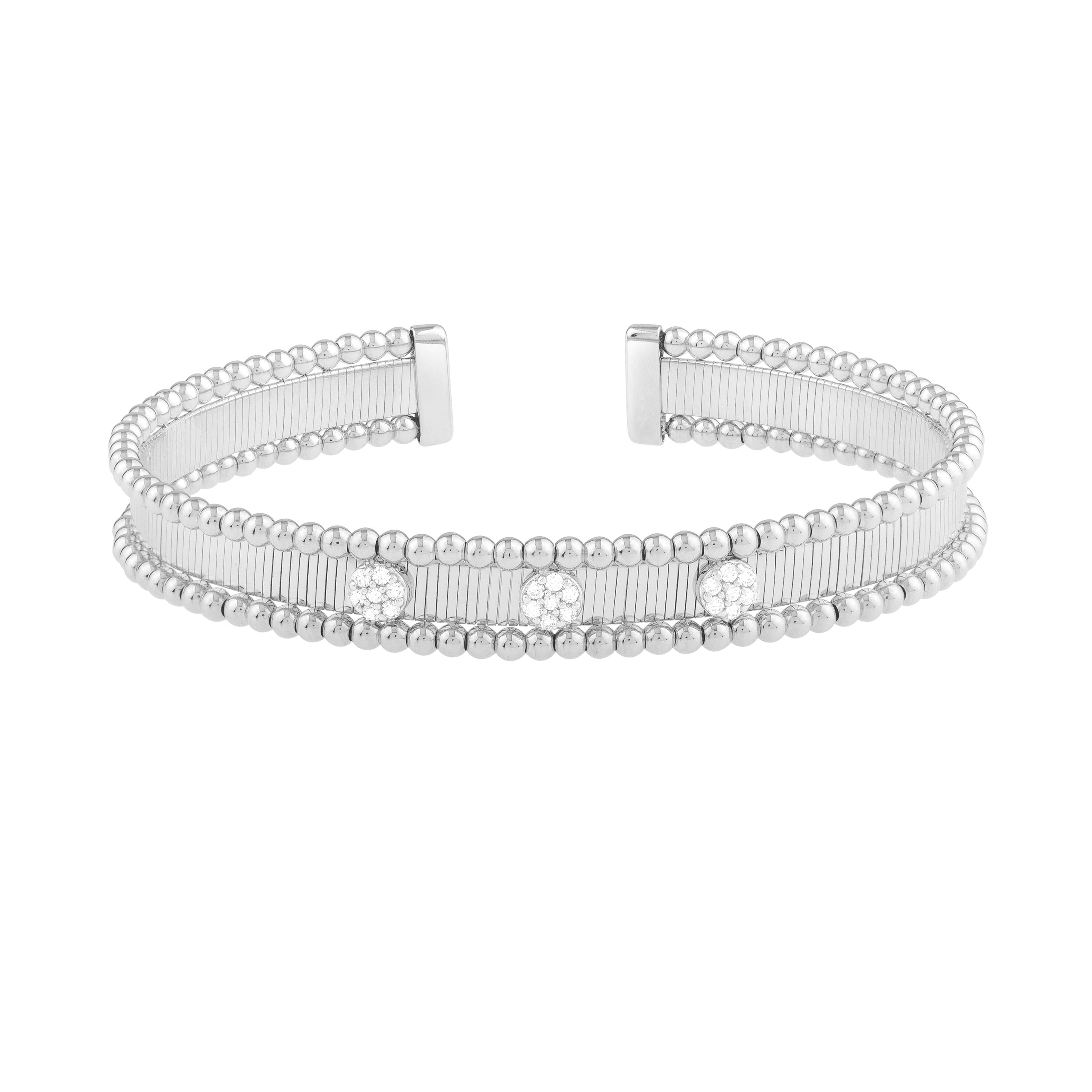 14k Gold & Diamond Ribbed Cuff Bangle with Beaded Edge